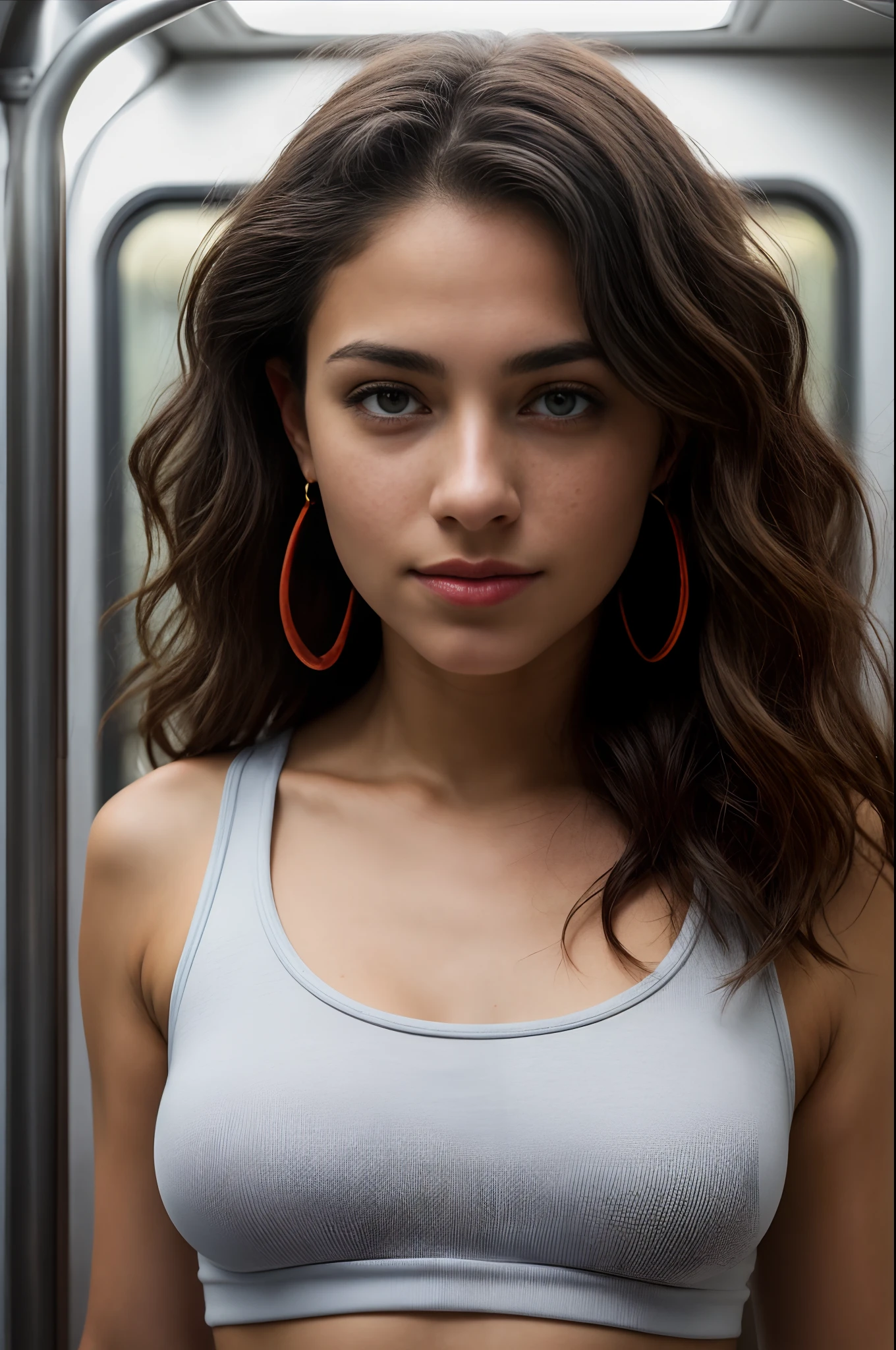 ((Latina pre-)), beautiful girl, freckles on her face, light blue eyes, large earrings, white tank top, square neckline, black leggings, no panties, realistic vagina, close-up from thighs to face, head shot short, very light skin, very long hair, wavy hair, red hair, busy subway car, photorealistic, indirect lighting, volumetric light, ray tracing, hyperdetailed, best quality, ultra-high resolution, HDR, 8k