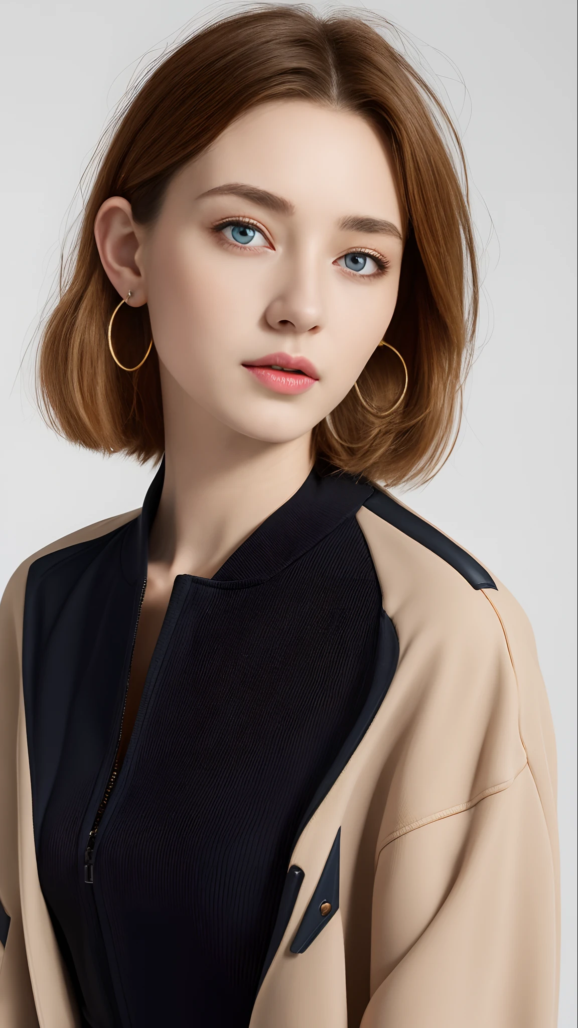Best Quality,masutepiece,8K,absurderes, hight resolution, ultra-detailliert, (1 young Beautiful girl, Solo:1.1),(League of Legends), Cropped jacket,Jacket, Light brown gradient hair, Samurai Ponytail (loanword)、a belt, blondehair, croptop, makeup, Open jacket,Two-tone hair, Open your clothes, Blue eyes, Triangle Earrings, belt buckle, Brown hair, small tits, Black pants, hoop earrings, zippers