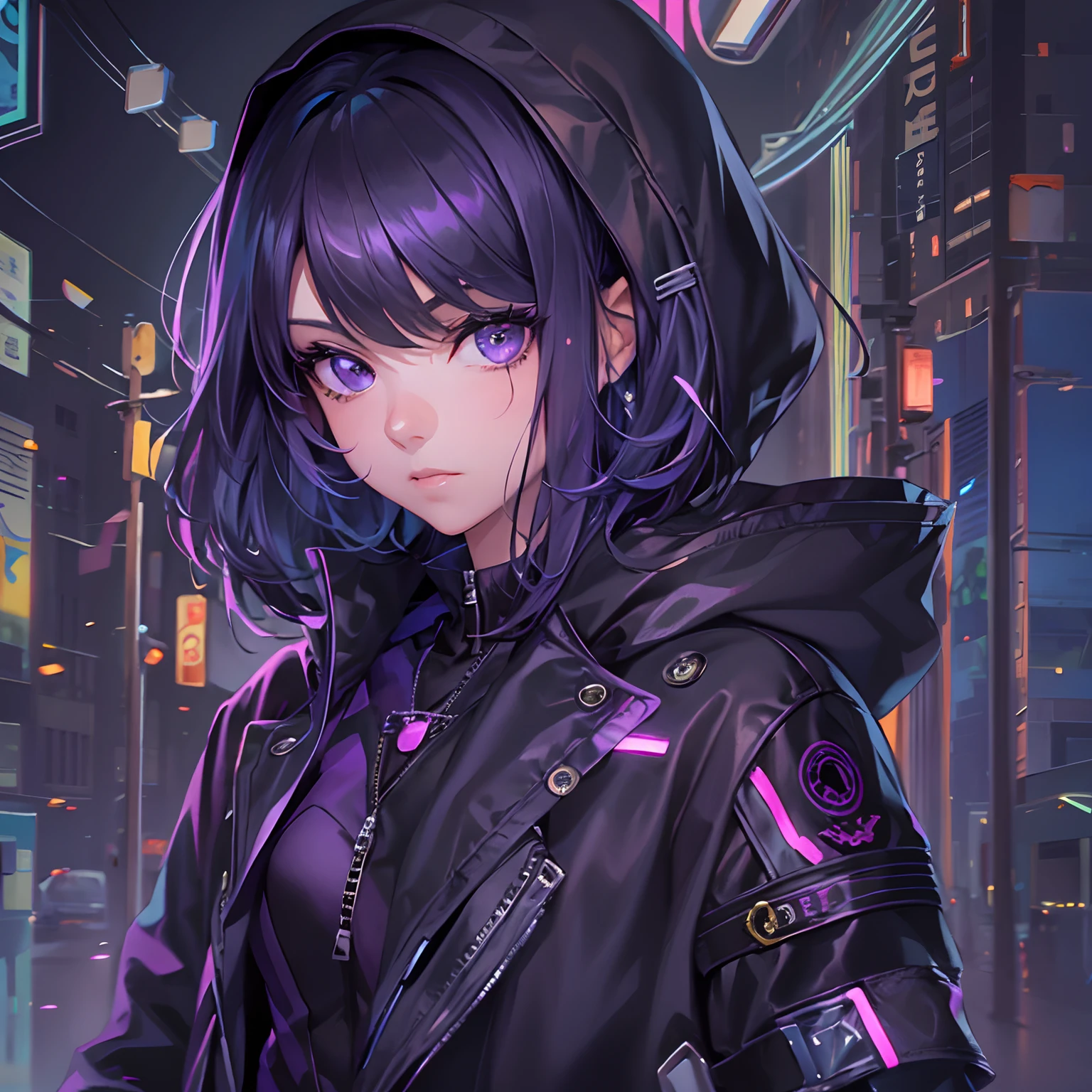 1girl looking at the viewer, poker face, potrait, wearing a black jacket with purple neon lines, perfect eyes, purple eyes, pretty face, short hair, purple and black hair, perfect face, pretty, cool anime, anime art, highly detailed