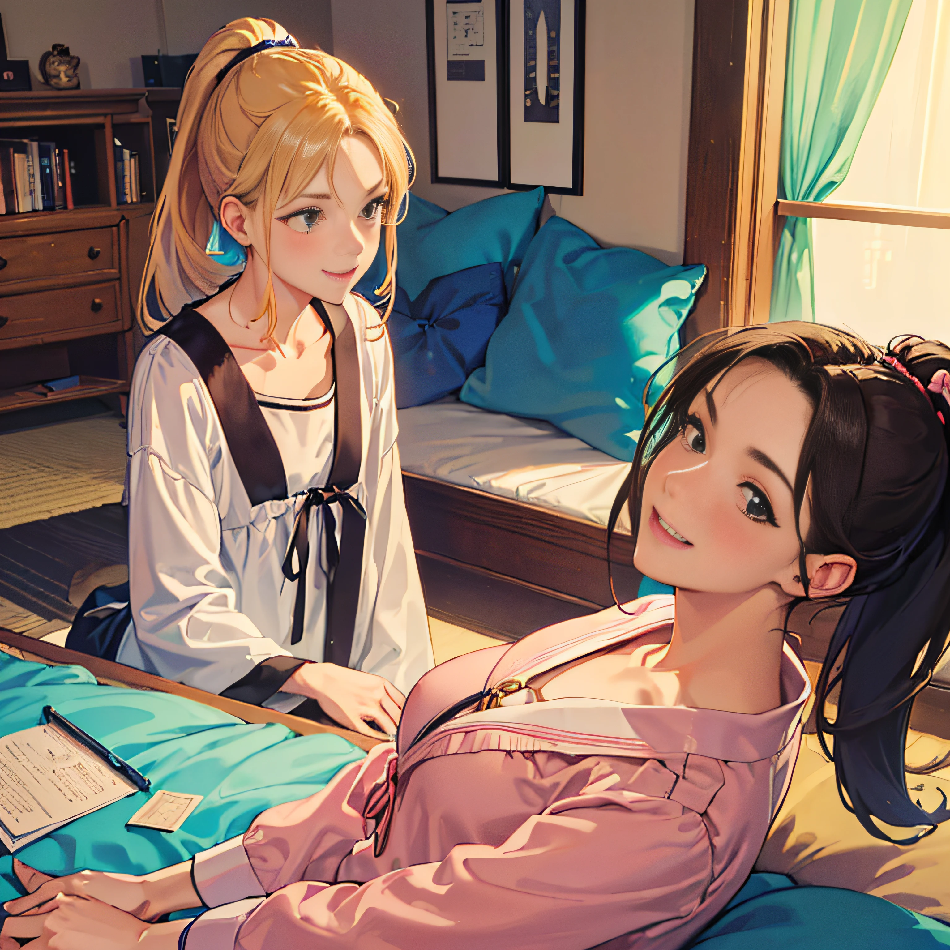 Absurd resolution, High resolution, (masutepiece: 1.4), super detailed, (((Detailed face, Detailed expression)), Two girls, Girls and girls, Friends, Best friends, classmates, relax, Ponytail, bobhair, sitting on a bed, Sitting on the floor, Two people talking, The background is inside the room, Friends, best friend, Home, 1k, Small room, drapes, bed, DVR, desk work, sweets, Talk about your trip with friends, gather, Fun, Smile, room wear, Kyoto Animation, Atmosphere of Kyoto Animation, Glitter, brilliance, --auto