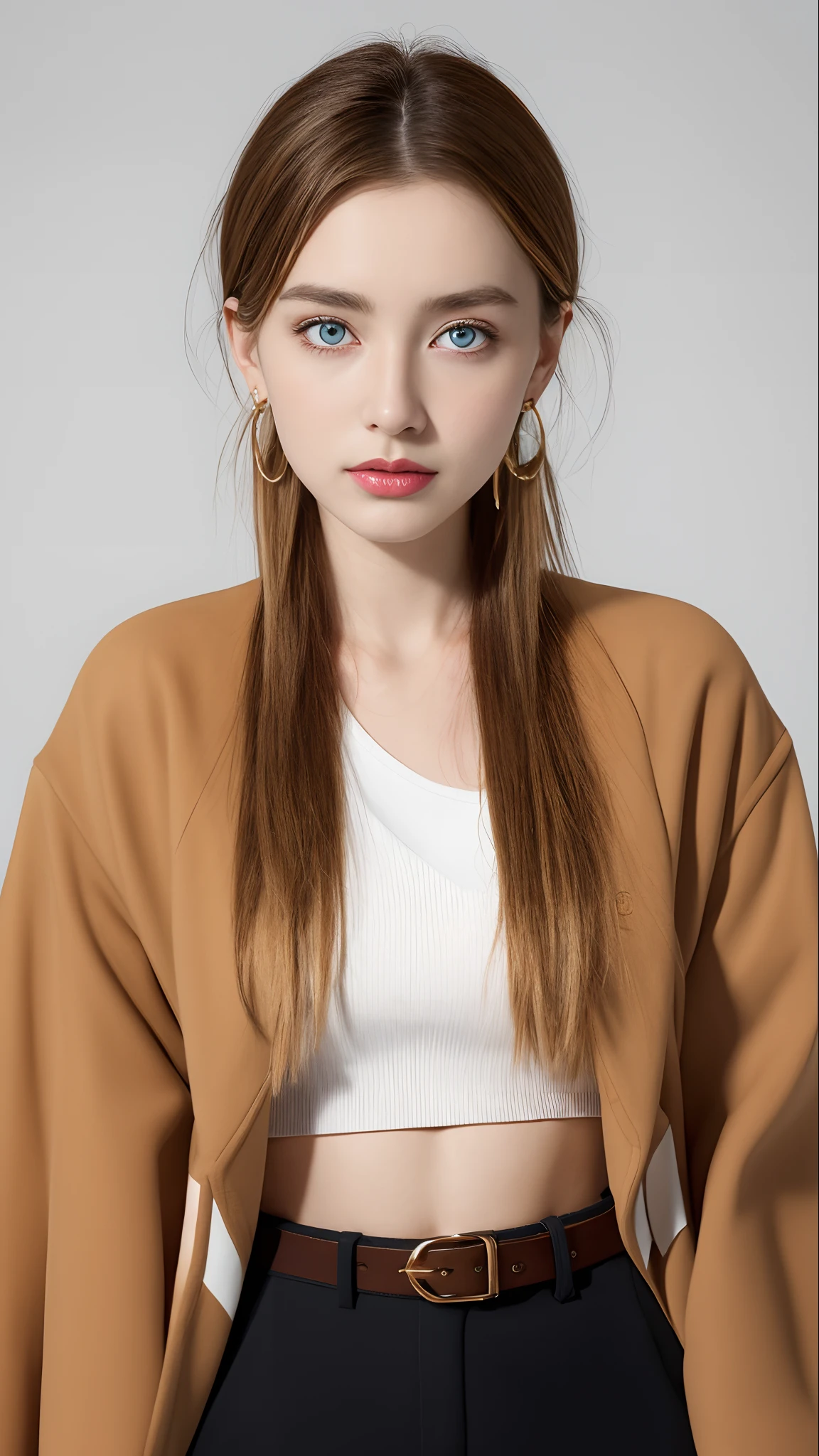 Best Quality,masutepiece,8K,absurderes, hight resolution, ultra-detailliert, (ung Beautiful girl, Solo:1.1),(League of Legends), Cropped jacket,Jacket, Light brown gradient hair, Samurai Ponytail (loanword)、a belt, blondehair, croptop, makeup, Open jacket,Two-tone hair, Open your clothes, Blue eyes, Triangle Earrings, belt buckle, Brown hair, small tits, Black pants, hoop earrings, zippers