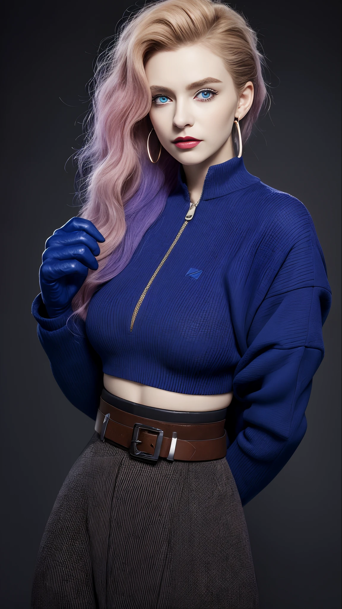 Best Quality,masutepiece,8K,absurderes, hight resolution, ultra-detailliert, (ung Beautiful girl, Solo:1.1),(League of Legends), Cropped jacket,Jacket, multicolored hair, Samurai Ponytail (loanword)、a belt, blondehair, croptop,  makeup,Purple hair, Open jacket,Two-tone hair, Open your clothes, Blue eyes, Triangle Earrings, belt buckle, Brown hair, breasts, Black pants, hoop earrings, Blue Gloves, Blue hair, zippers,BREAK