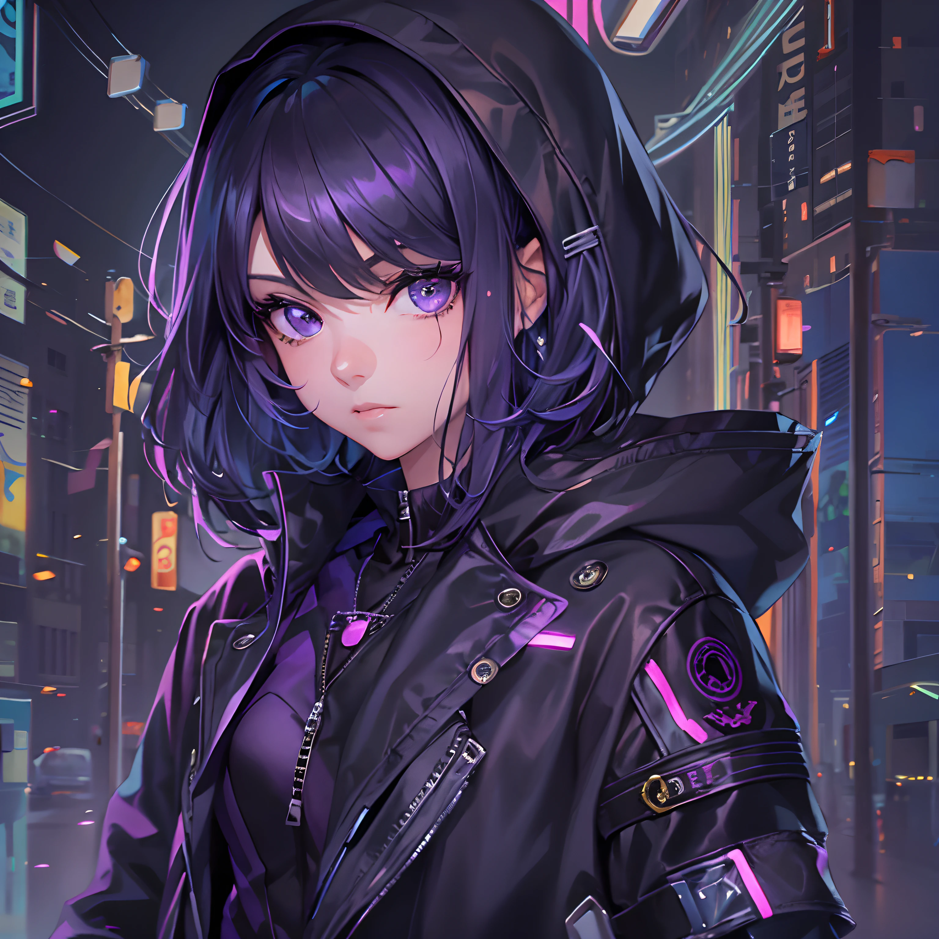 1girl looking at the viewer, poker face, potrait, wearing a black jacket with purple neon lines, perfect eyes, purple eyes, pretty face, short hair, purple and black hair, perfect face, pretty, cool anime, anime art, highly detailed
