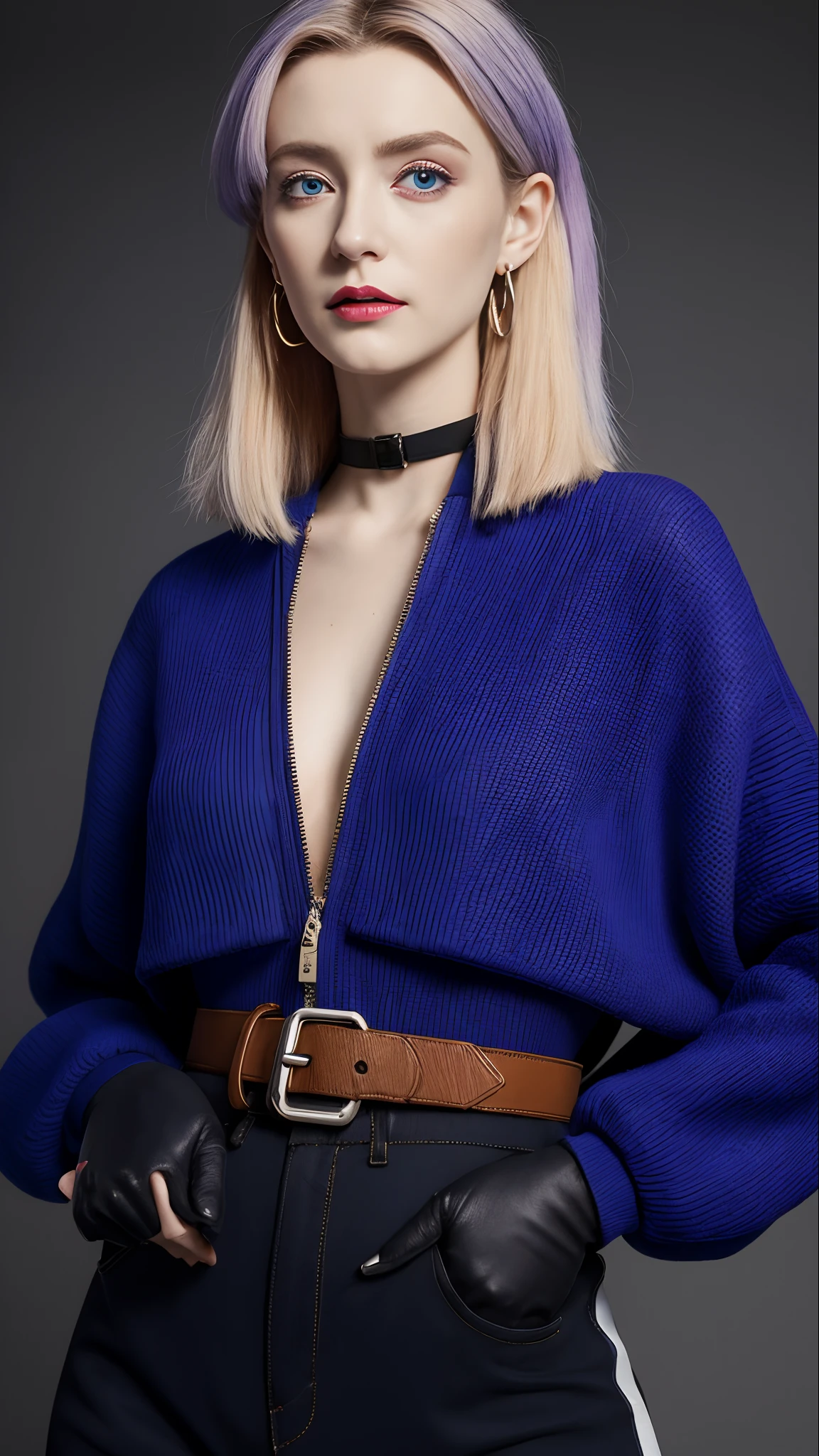 Best Quality,masutepiece,8K,absurderes, hight resolution, ultra-detailliert, (1 young Beautiful girl, Solo:1.1),(League of Legends), Cropped jacket,Jacket, multicolored hair, Samurai Ponytail (loanword)、a belt, blondehair, croptop, makeup,Purple hair, Open jacket,Two-tone hair, Open your clothes, Blue eyes, Triangle Earrings, belt buckle, Brown hair, breasts, Black pants, hoop earrings, Blue Gloves, Blue hair, zippers,BREAK