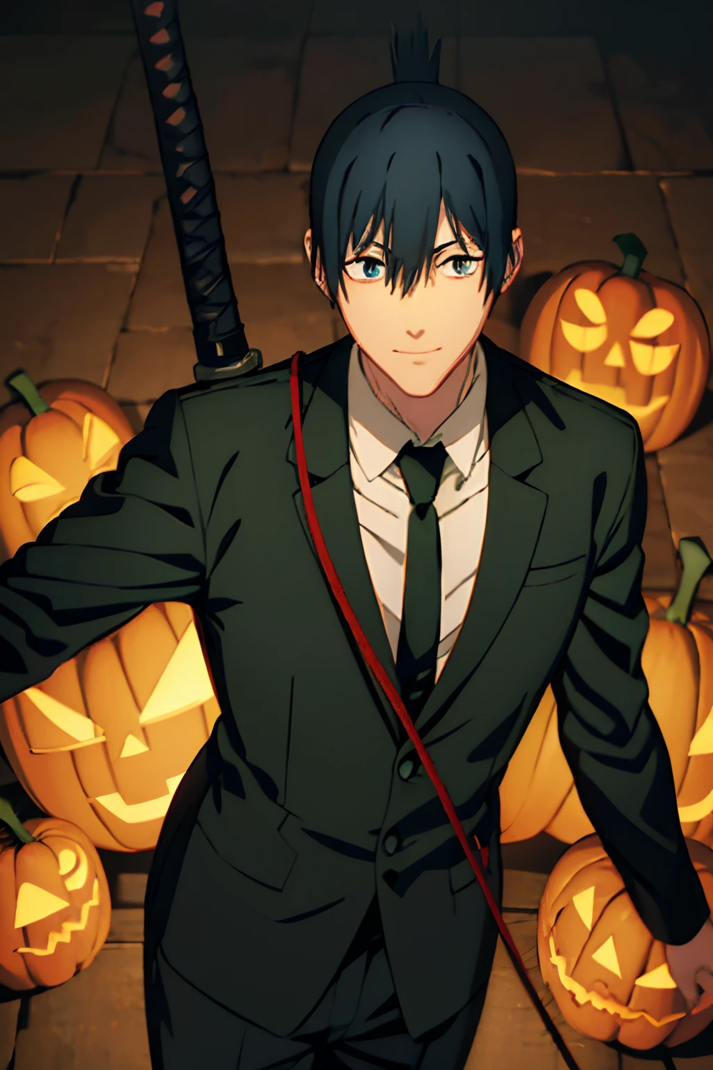 chain saw man,Aki Hayakawa,Wearing a suit,Dracula,male people,animesque,hight resolution、hightquality、absurderes、finely detail、Manga、Anime coloring、A slight smil、Pumpkin Lantern、 ember,shorth hair,enticing,Halloween Costumes,Dramatic Angle,the woods,natta,early evening,ghosts