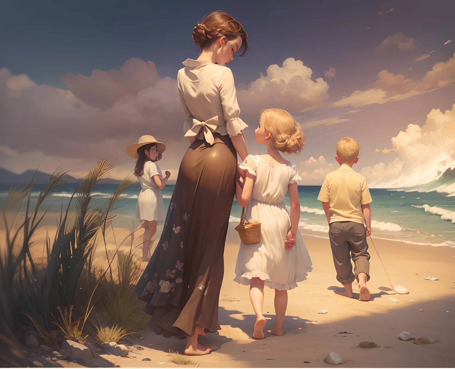 Young woman holding little girls hand, small boy in the background turning away, farther still in the background is the Grandmother perhaps walking towards camera, other beach combers in the far distance can be seen, impressionism, oil on canvas, 24k resolution, abstract artistic flare