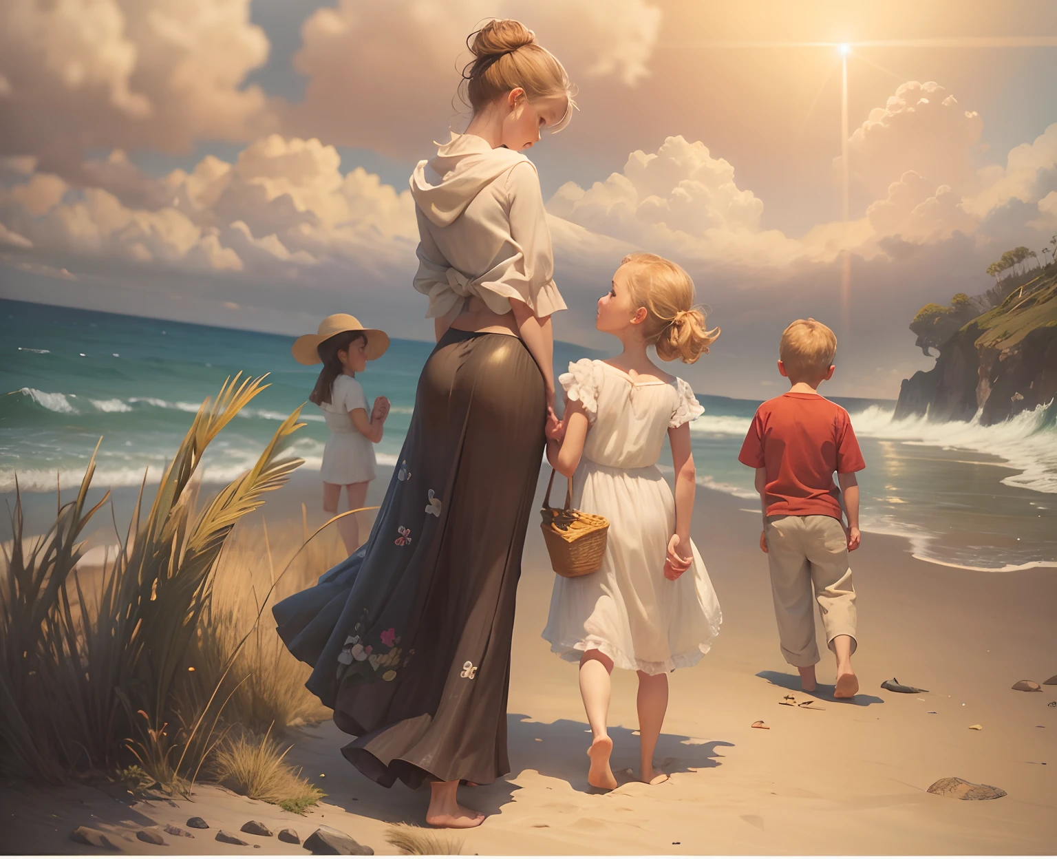 Young woman holding little girls hand, small boy in the background turning away, farther still in the background is the Grandmother perhaps walking towards camera, other beach combers in the far distance can be seen, impressionism, oil on canvas, 24k resolution, abstract artistic flare