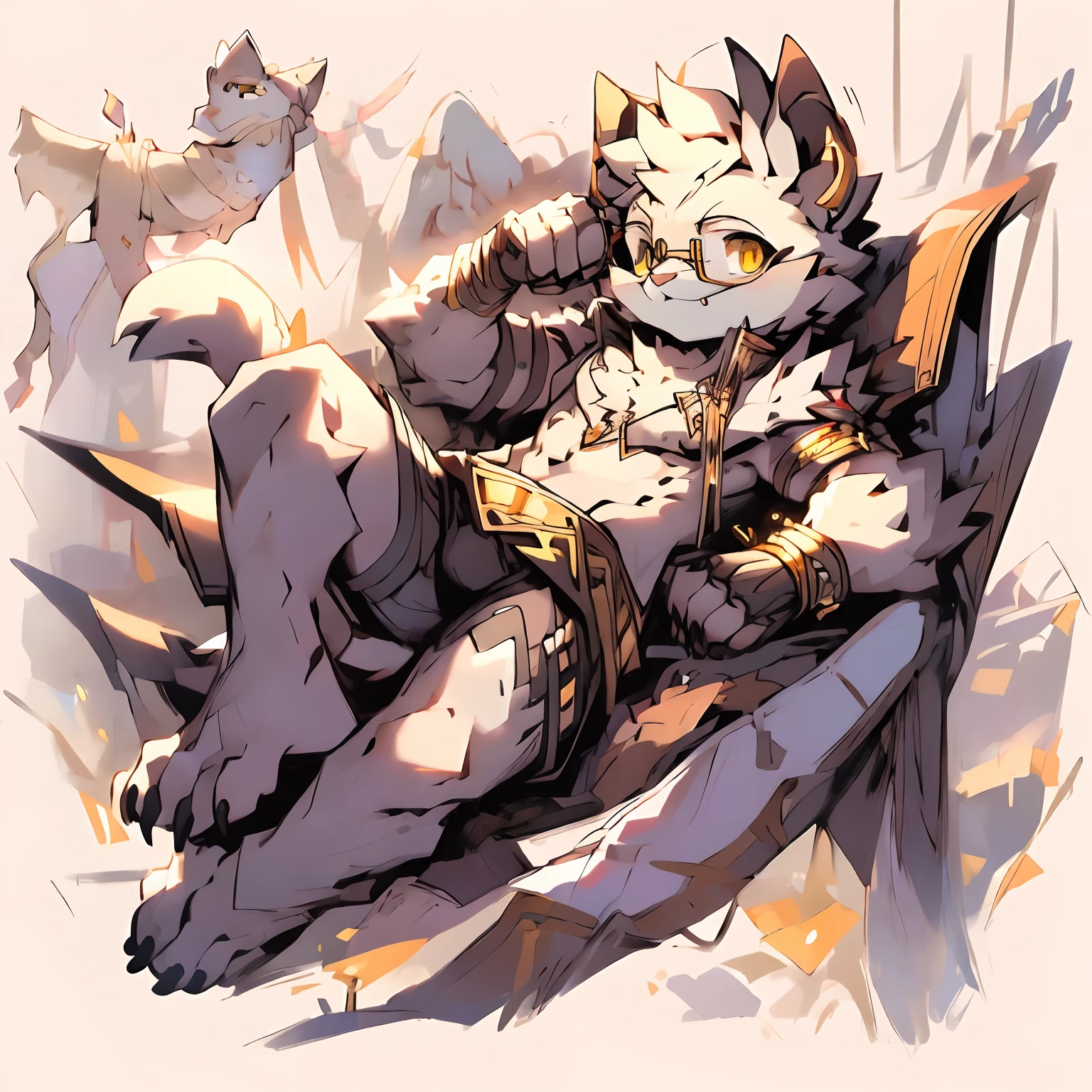 hairy chest,Male cats,Black and white fur,Golden eyes,Wearing gold wire glasses, Lie down
