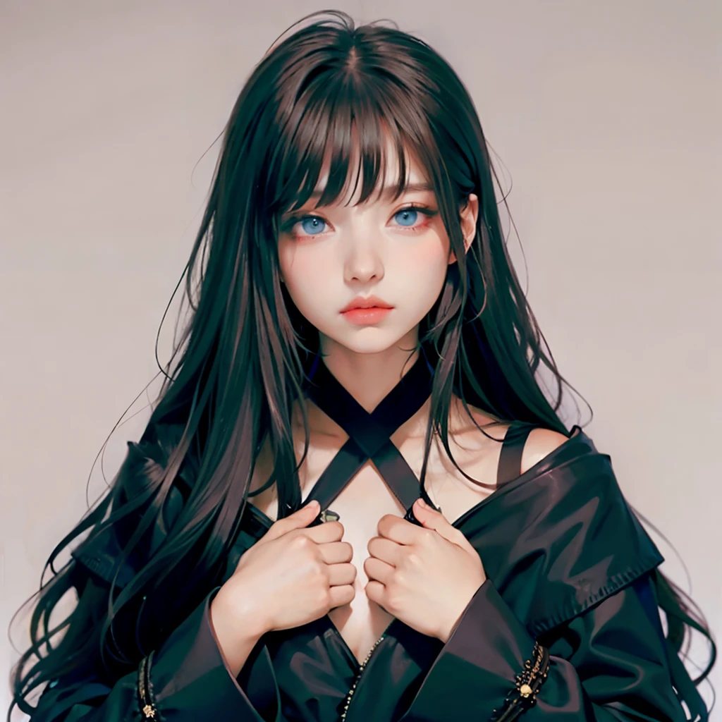 1 girl, ((haute couture, plunge neck, long sleeves)), bangs, wavy long black hair, blue eyes, (best quality, looking at viewer)