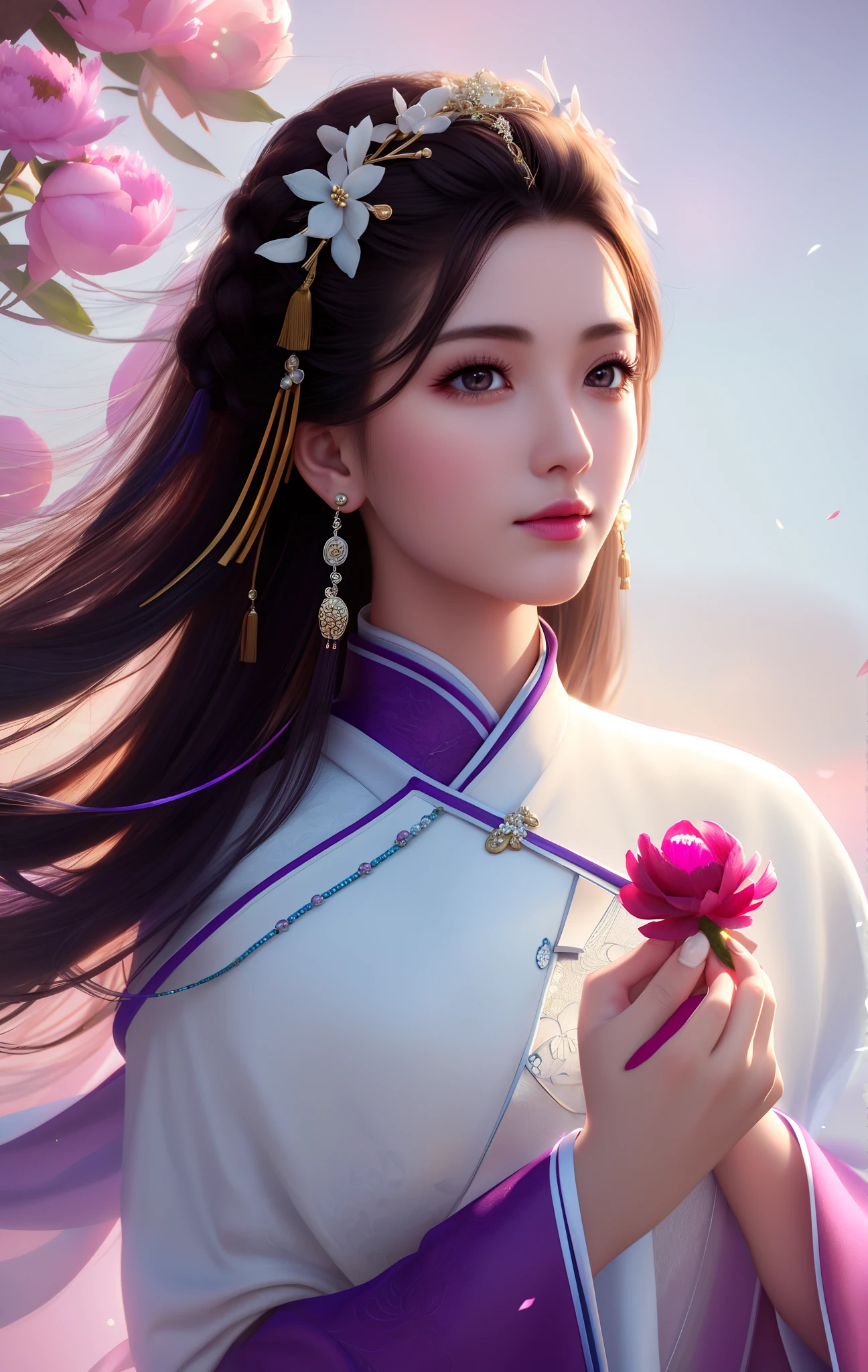 best quality, masterpiece,Upper body,(background:Garden),1 girl, mature woman, chinese style, ancient china, sister, dancer, dark brown hair, dark hair, princess cut, a Fried Dough Twists braid, coiled hair, double ball head,Coiled hair,streamers, light pink lips, calm, intellectual,Purple eyes, tassels, silver thread, beads,peony flowers, gowns, capes, silk skirts, embroidery, fine face, facial close-up, hand close-up,Light-colored clothes,Beautiful face,photorealistic, rim lighting, two tone lighting,(high detailed skin:1.2), 8k uhd, dslr, soft lighting, high quality, volumetric lighting, Photograph, high resolution, 4k, 8k, Bokeh