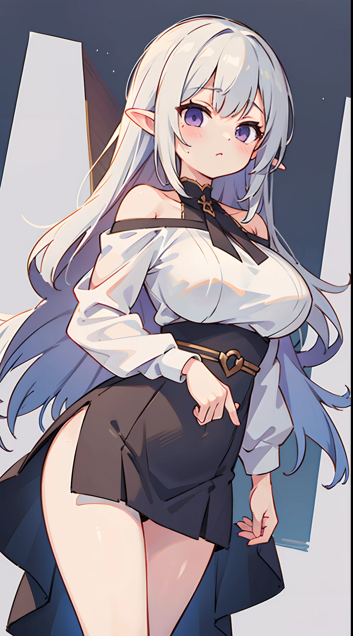 Perfect body, perfect eyes, perfect hands, 1woman, long white hair, blue eyes, smiley face, white long-sleeved shirt, black fluffly skirt, long white stockings, black heels, big breasts, big ass, street background