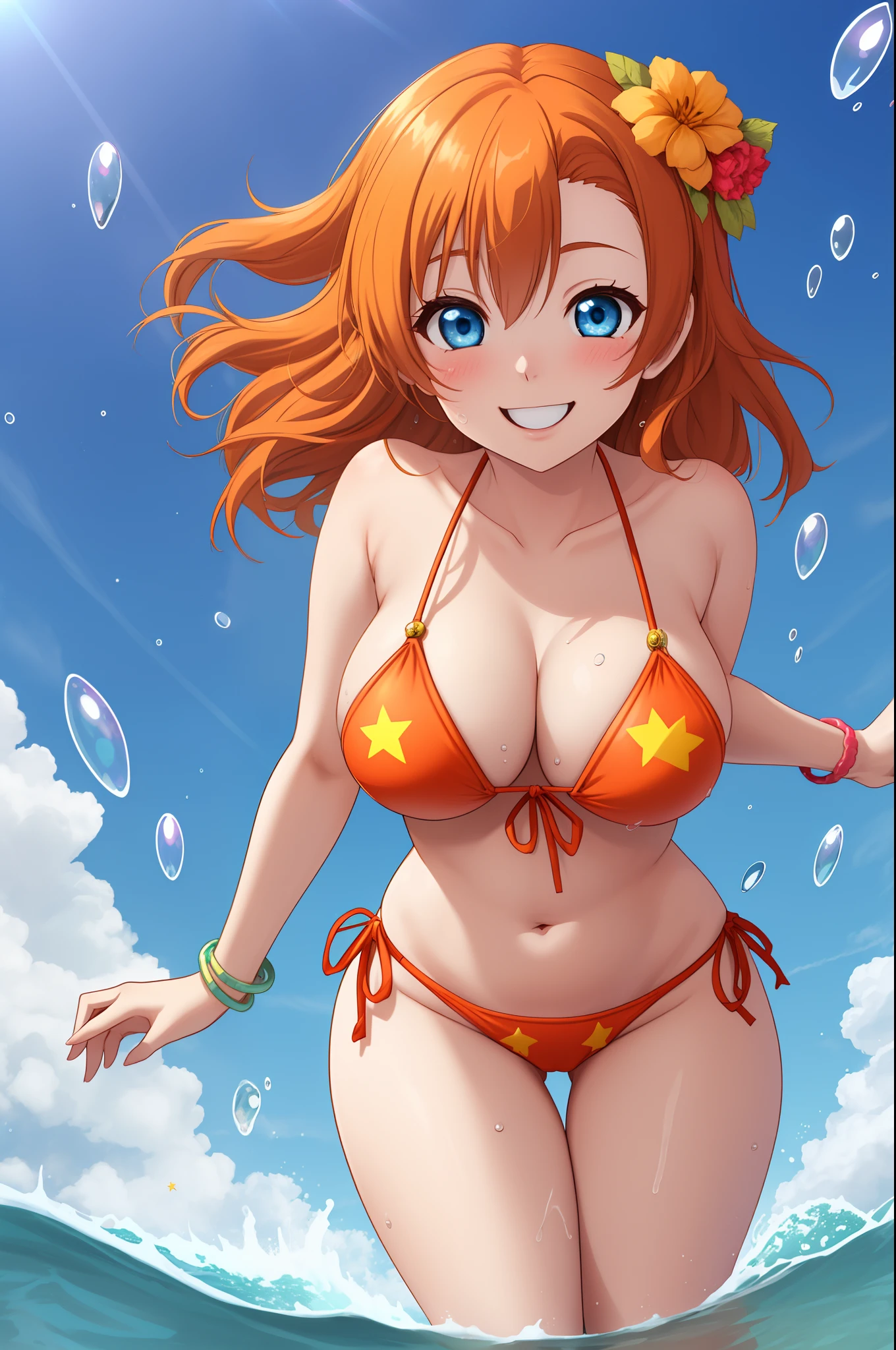 Kousaka honoka, cowboy shot, blue eyes, orange hair, ???? micro ??????, star-paint ??????, bracelet, ????,curvy body, looking down at viewer, Blush, energetic smile, crouching,in air, falling down, flying water drops,hair ornament, detailed hair strands