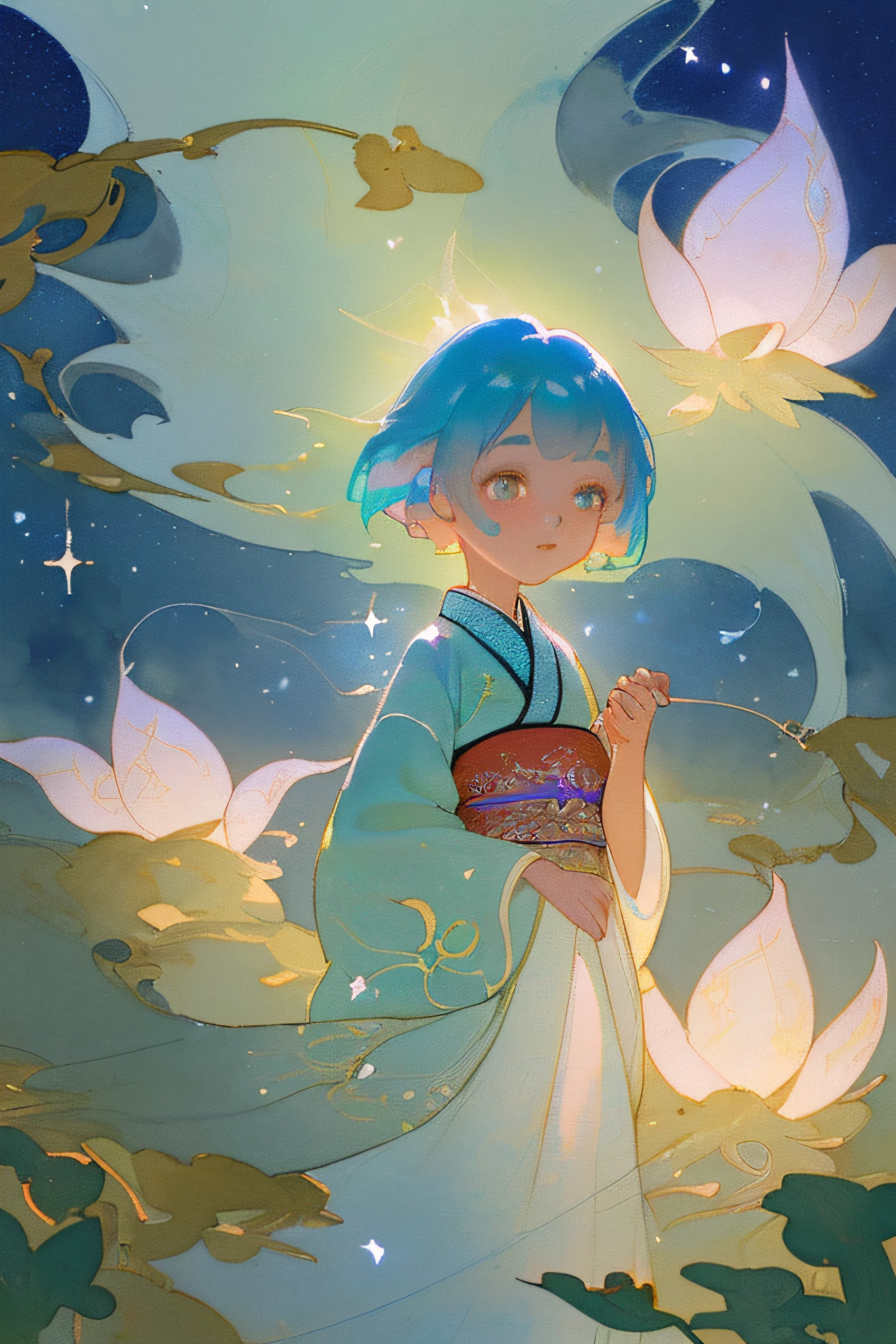 (brightly colored) girl in Hanfu, (illumination:1.1) in the courtyard, (holding:1.1) a handful of (glowing:1.2) stars. (best quality,highres) Made with (watercolor:1.1),(traditional:1.1) brush strokes, this (dreamlike, ethereal) scene (captures,depicts) the (innocence) and (wonder) of a (young child) gazing at the (magical) night sky. The girl's (sparkling) (eyes) reflect the (twinkling) stars, while her (delicate) (lips) part in (amazement). The Hanfu she wears is (vividly) (embroidered) with intricate patterns, showcasing the rich (cultural heritage) and (elegance). The courtyard is (bathed) in soft (moonlight), casting (subtle) (shadows) and creating a (serene) atmosphere. The (lush) (foliage) and (exquisite) (details) of the surroundings add to the (enchanting) and (peaceful) ambiance. The stars she holds in her hands emit a gentle (glow), making the whole image (mesmerizing). The colors of the artwork are (pastel) and (harmonious), evoking a sense of (whimsy) and (beauty). This piece of art is (evocative) and transports viewers to a (magical) world where dreams come true.