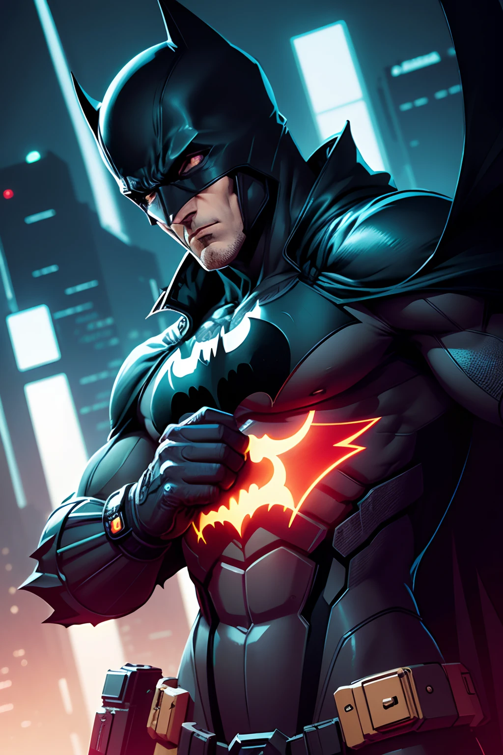 Cyberpunk style, midshot, cel-shading style, centered image, ultra detailed illustration of Batman posing, (tetradic colors), inkpunk, ink lines, strong outlines, art by MSchiffer, bold traces, unframed, high contrast, (cel-shaded:1.1), vector, 32k resolution, best quality, flat colors, flat lights