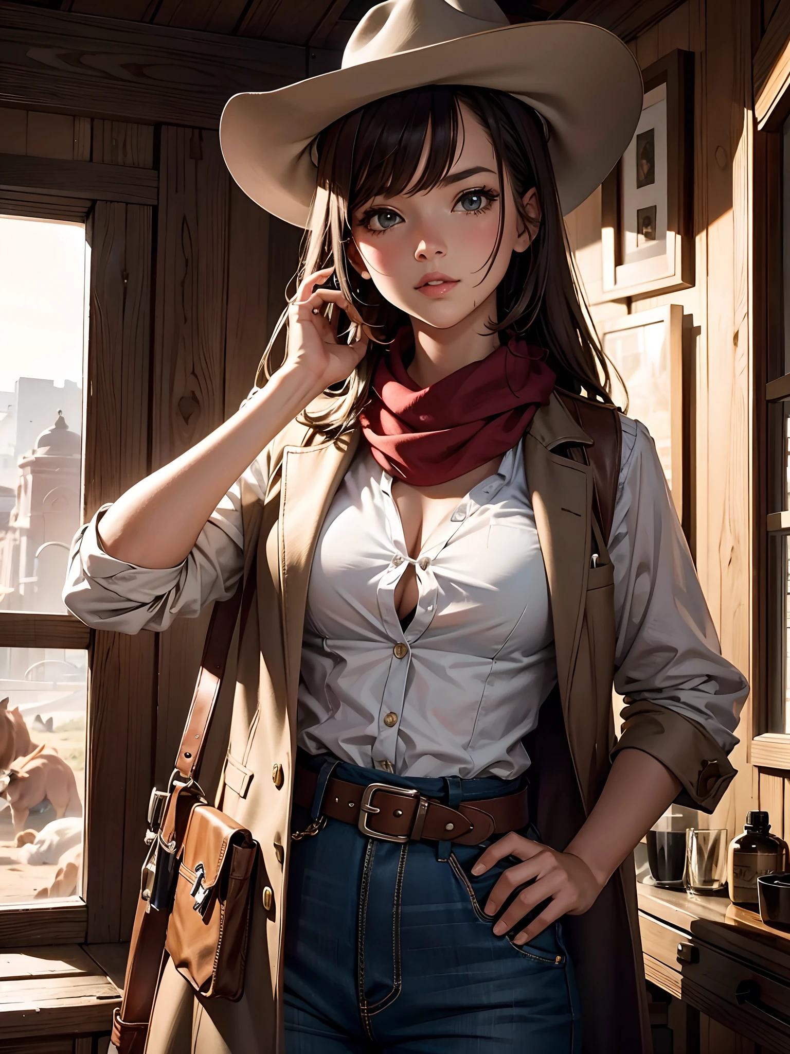 (masterpiece:1.4, best quality), (intricate details), unity 8k wallpaper, ultra detailed, beautiful and aesthetic, perfect lighting, (1girl), dynamic pose, dynamic angle,  lipstick, slim, slim body, medium breasts, (Festival_fringe_vest:1.4),(Ripped_denim_shorts:1.3),(Cowboy_boots:1.2),(Desert_sunset_background:1.4), detailed background, realistic, solo, perfect detailed face, detailed eyes, highly detailed, blush, hair ornament, medium hair,