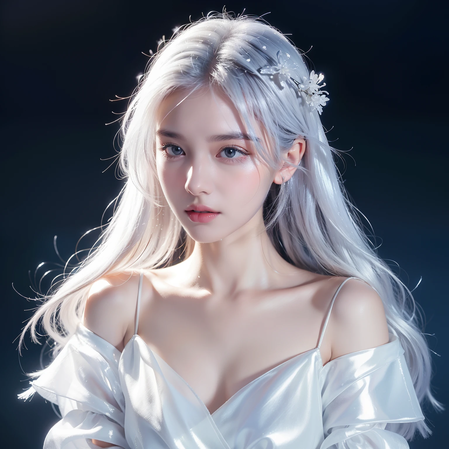 1girll,(Snow,Ice), snowflower, In winter, White hair, Shiny hair, Wavy hair, Transparent clothes, frilld, Lace, Wet clothes, Off_Shoulder, hair scrunchie,Masterpiece, Telephoto lens, absurderes, Exquisite facial features
