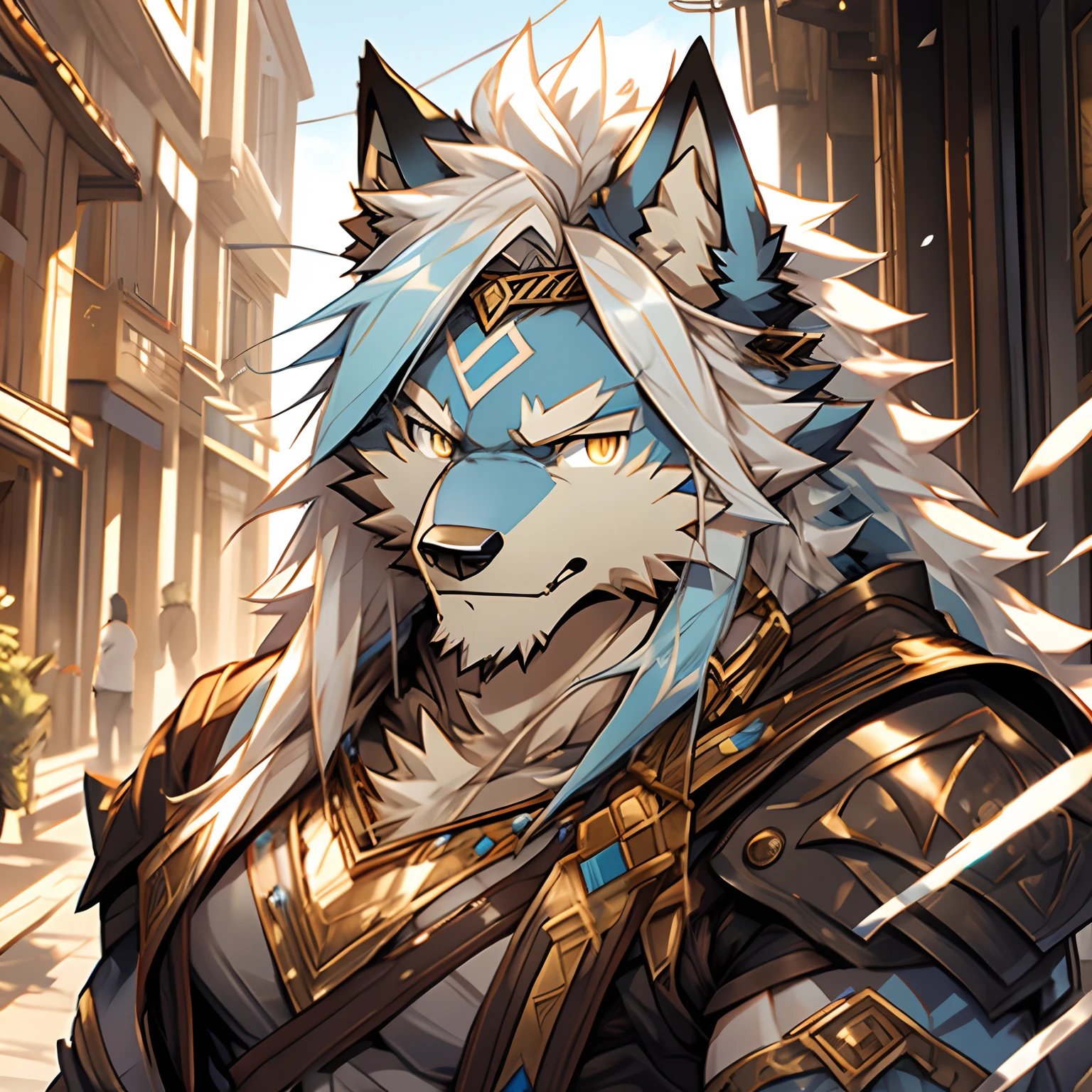 Wolf orcs,White hair,Golden pupils,The hair on the forehead is light blue,modern urban