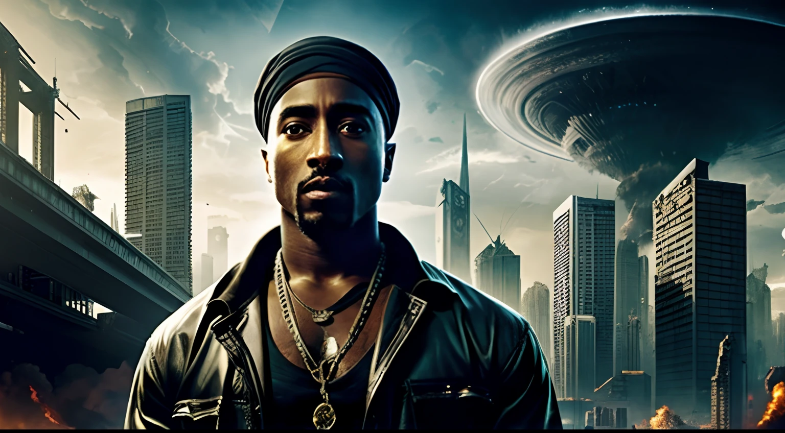 A captivating twist on reality emerges as Tupac Shakur stands amidst the chaos of an otherworldly apocalypse: experience the convergence of past and future, where striking angular architecture and hauntingly advanced technology collide in a futuristic plague aftermath.