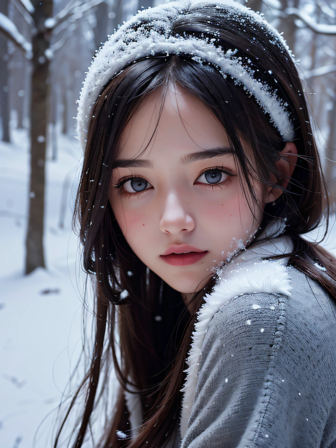 La mejor calidad, obra maestra, Ultra Resolution (fotorealista: 1.4), foto sin procesar, of a girl in the woods with light snow falling, en la oscuridad, sombra profunda, clave baja, cool light