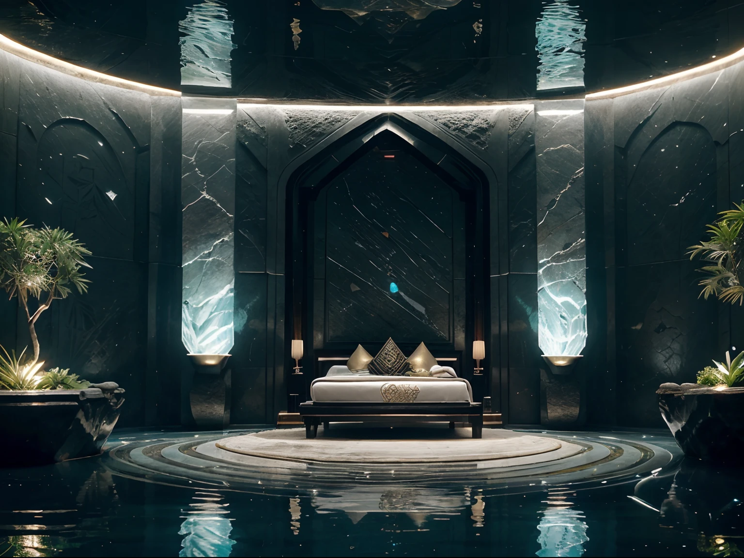 incredible luxurious futuristic interior pool with bed in Ancient Persian style with many ((lush plants)) (lotus flowers), ((palm trees)), rocky walls, (sand), ((amazing waterfalls)), (marble), ((precious minerals)), ((metals)), (gemstones), crystals, clouds and ((water)), futuristic luxury furniture, crocodiles, ((hieroglyphics)), (((ultra luxury))), (black marble) – with ((beautiful lights)), Unreal Engine, HQ, 16k