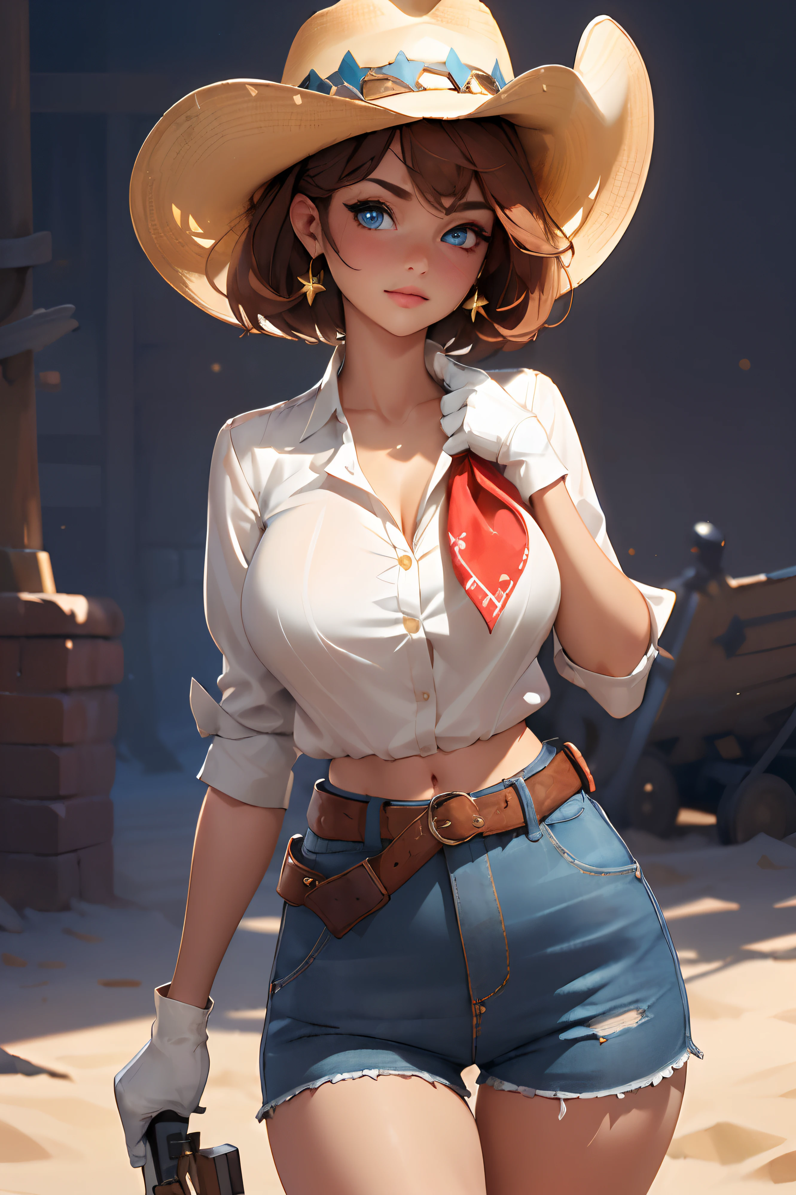 (((((solo))))),(((((masterpiece))))), (((((best quality))))),(((((highly detailed))))), finely detailed, Depth of field,detailed clothes, highres,
1girl, bangs, (beautiful detailed face:1.3), collarbone, collared shirt, ((white shirt)), buttons open to show cleavage, show belly, blue eyes, golden hair, cleavage, ((cowboy)), (cowboy hat:1.3), short gloves. fingerless gloves, hat, medium breasts, navel, neckerchief, red neckerchief, short hair, short shorts, shorts, healthy thighs, gun belt ,cowboy western, sunny desert background, thigh gap