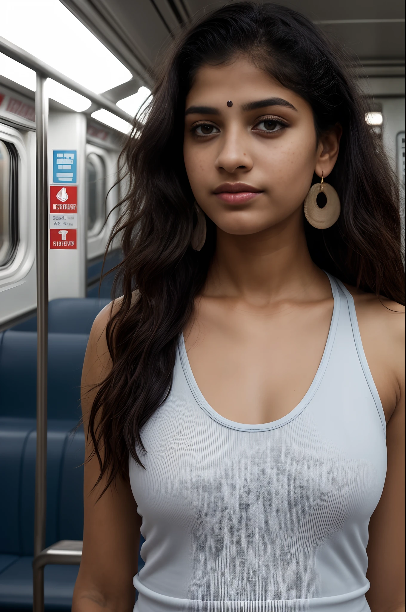 ((Indian pre-teen)), beautiful girl, freckles on her face, light blue eyes, large earrings, white tank top, square neckline, black leggings, no panties, realistic vagina, close-up from thighs to face, head shot short, very light skin, very long hair, wavy hair, red hair, busy subway car, photorealistic, indirect lighting, volumetric light, ray tracing, hyperdetailed, best quality, ultra-high resolution, HDR, 8k