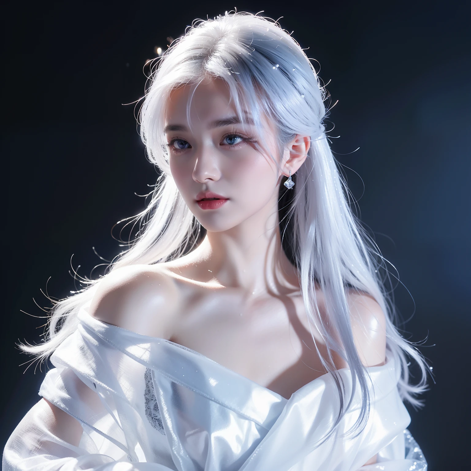 1girll,(Snow,Ice), snowflower, In winter, White hair, Shiny hair, Wavy hair, Transparent clothes, frilld, Lace, Wet clothes, Off_Shoulder, hair scrunchie,Masterpiece, Telephoto lens, absurderes, Exquisite facial features