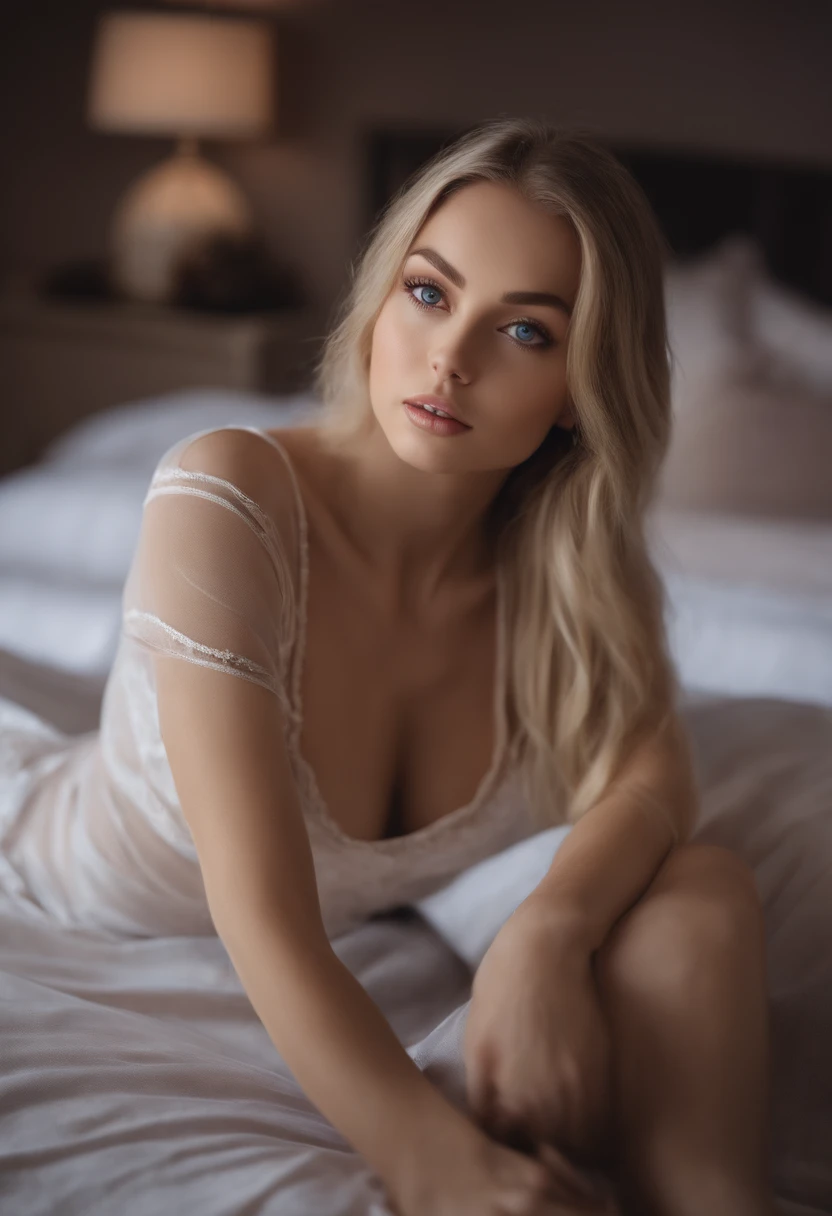 arafed woman fully , sexy girl with blue eyes, ultra realistic, meticulously detailed, portrait sophie mudd, blonde hair and large eyes, selfie of a young woman, bedroom eyes, violet myers, without makeup, natural makeup, looking directly at the camera, face with artgram, subtle makeup, stunning full body shot kneeling on bed, in bedroom, medium to large size bust