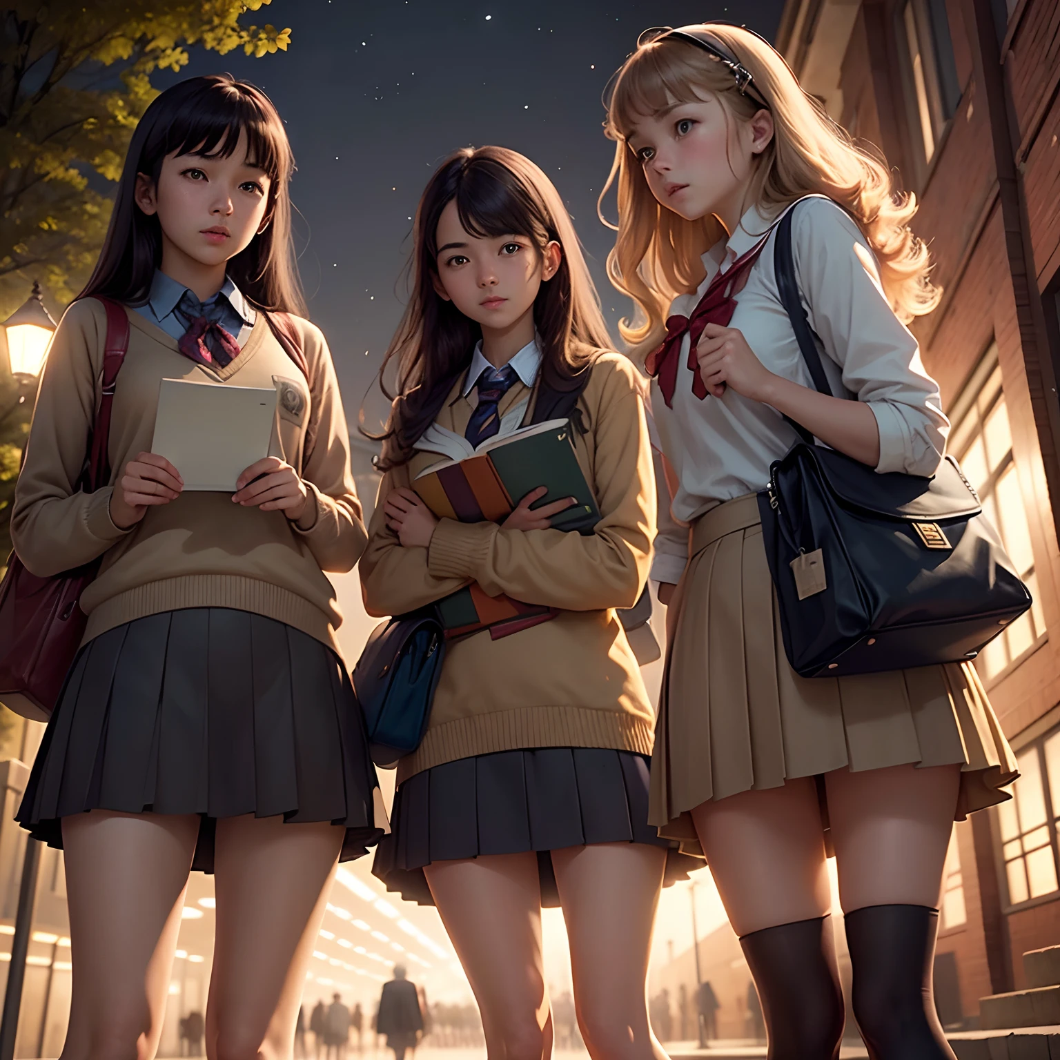 A group of students standing in front of the school at night book cover