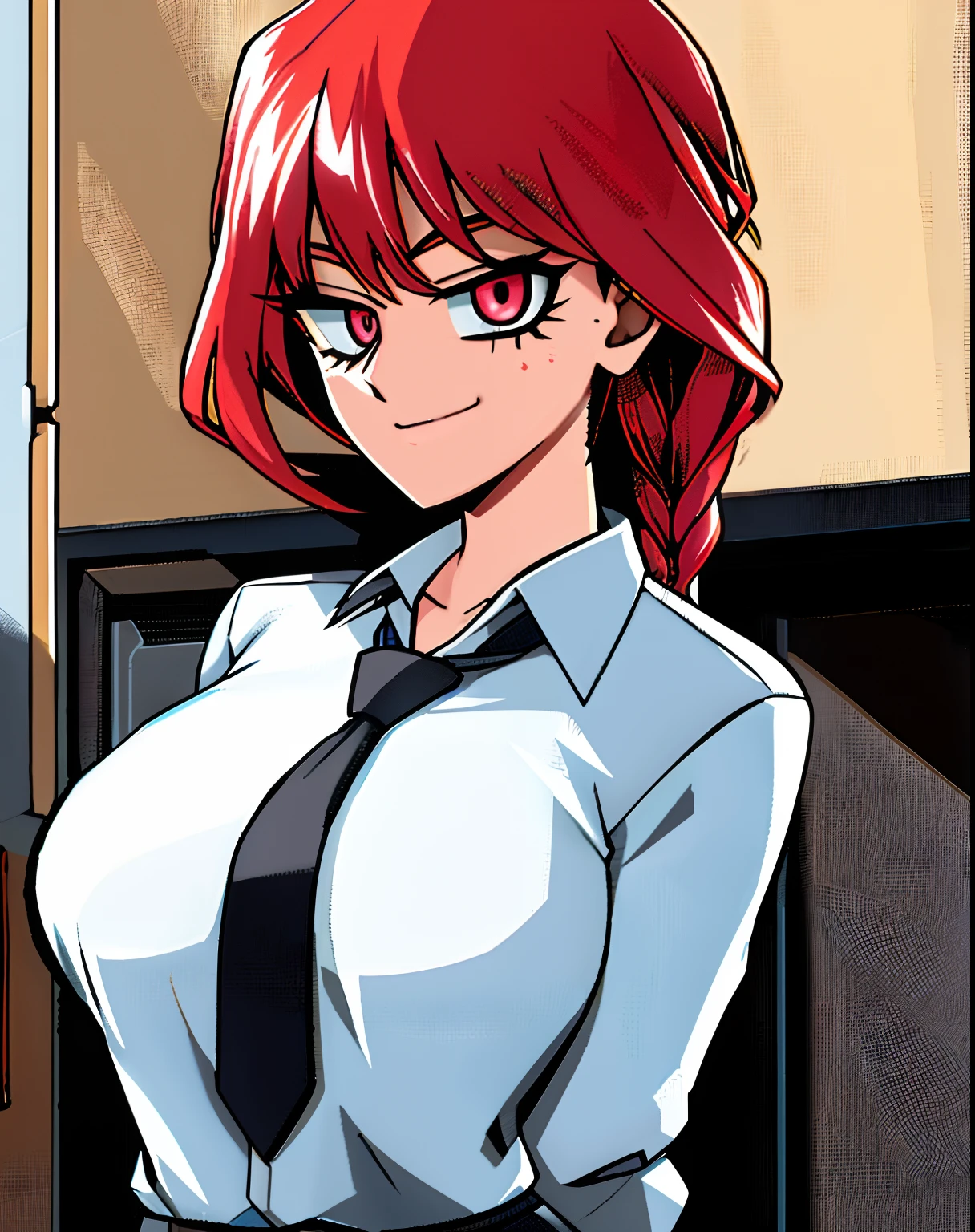 est quality, 1girl, white wet shirt, collared shirt, black necktie, black trousers, sensual, rotated, granny flat, evening, corneo_makima, makima \(chainsaw man\), (large breasts:1.4) , fingersmile:1.2, bored, ringed eyes, red hair, braided ponytail, color connection, colorized, vibrant color scheme, colorful, spot color, cinematography, hyperdetailed, beautiful face, 4k, HD, artstation trending on artstation, retro artstyle