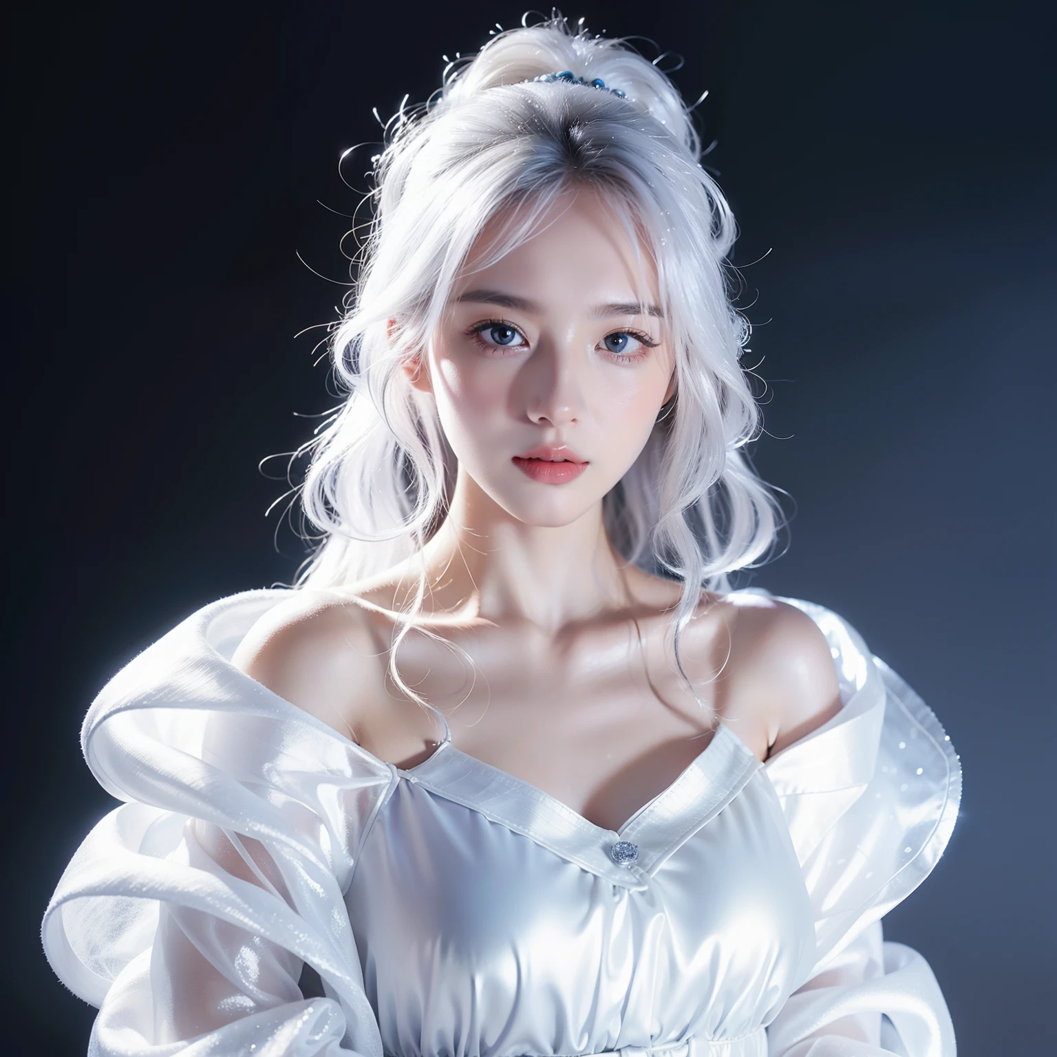 1girll,(Snow,Ice), snowflower, In winter, White hair, Shiny hair, Wavy hair, Transparent clothes, frilld, Lace, Wet clothes, Off_Shoulder, hair scrunchie,Masterpiece, Telephoto lens, absurderes, Exquisite facial features