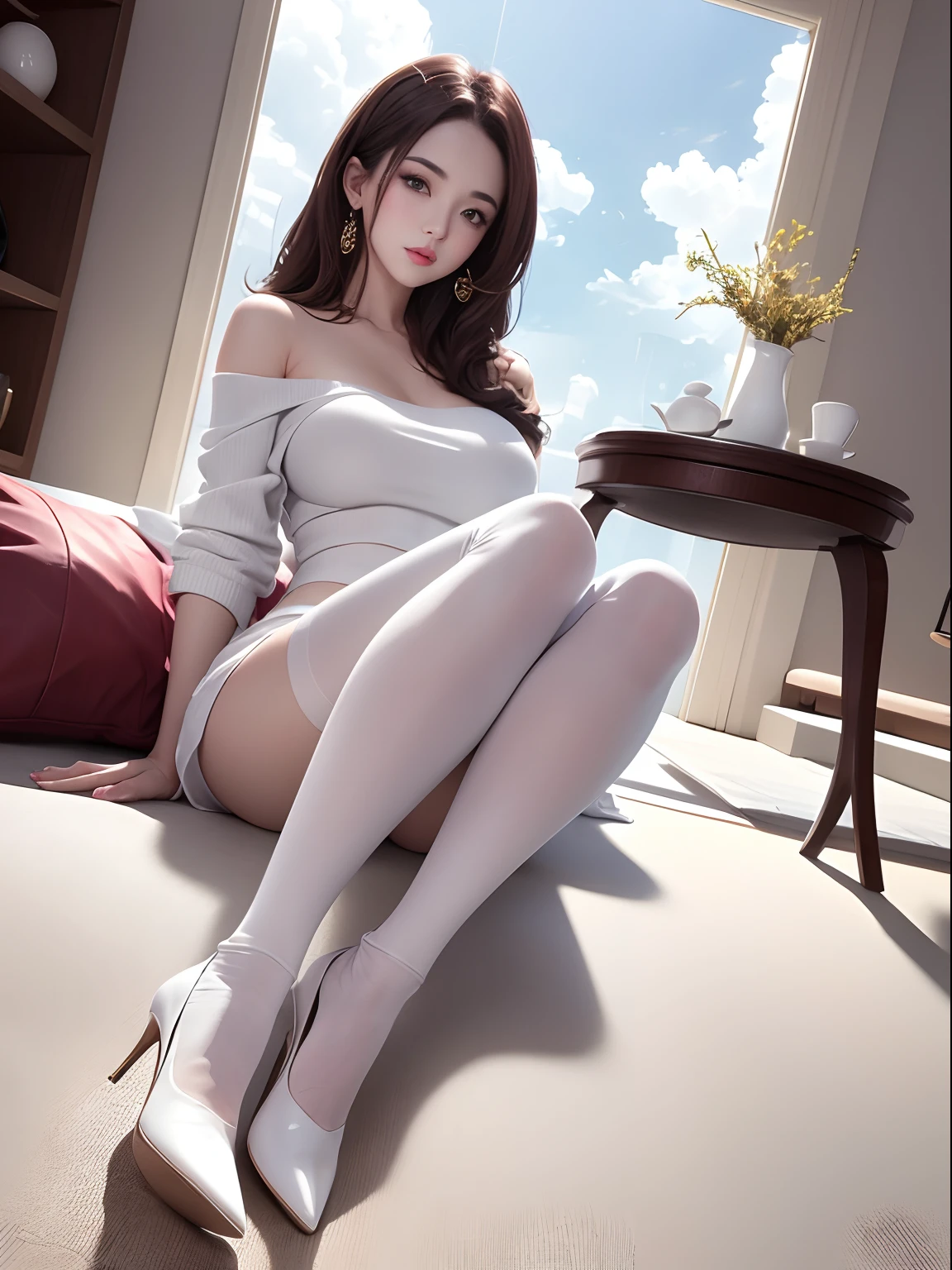 （globalillumination、The rendering is not realistic、reasonable design、high detal、in a panoramic view、best qualtiy、hyper HD），Full body photo，a girl wearing a white tights，whaite hair，whitegloves，white Heels，