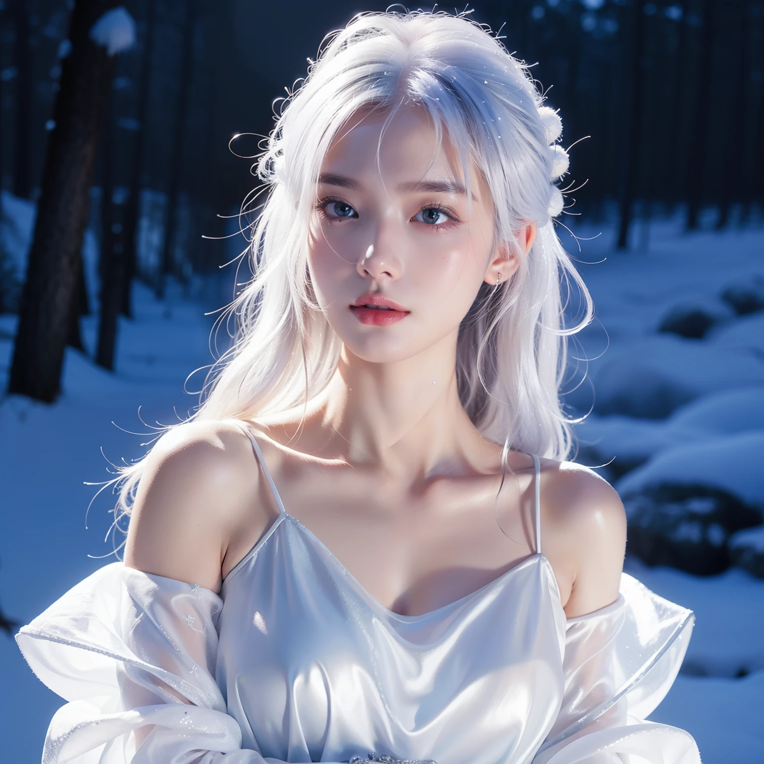 1girll,(Snow,Ice), snowflower, In winter, White hair, Shiny hair, Wavy hair, Transparent clothes, frilld, Lace, Wet clothes, Off_Shoulder, hair scrunchie,Masterpiece, Telephoto lens, absurderes, Exquisite facial features