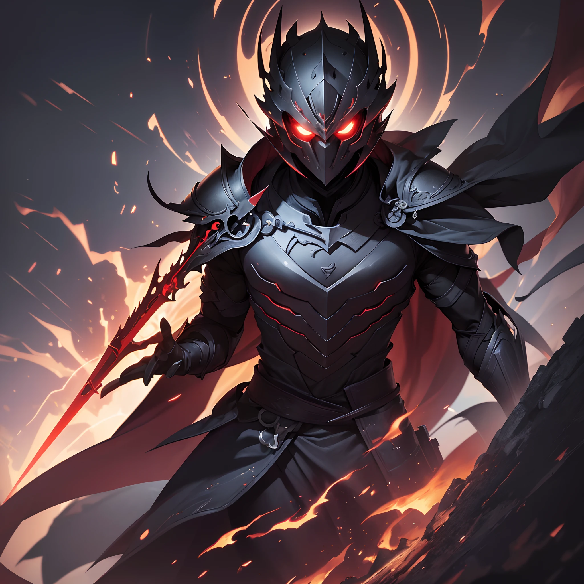 (ultra-detailed CG unit 8k wallpaper, Master parts, Best quality, depth of fields, hdr, 复杂), Tall, The sinister Dark Assassin wears a metal mask,Bright red eyes,Light and dark armor,Behind him he wears a low-key red cloak,Holding a sharp dagger in his arms,Step into the burning village, (复杂: 1.4) (Master parts: 1.4) (illustration: 1.4), Red studio lighting, Post-processing, 8K resolution, deep dark background, imponent, Well-composed photos, Impressive, dark fantacy (director: greg rutkovsky: 1.2), (darken: 1.5)