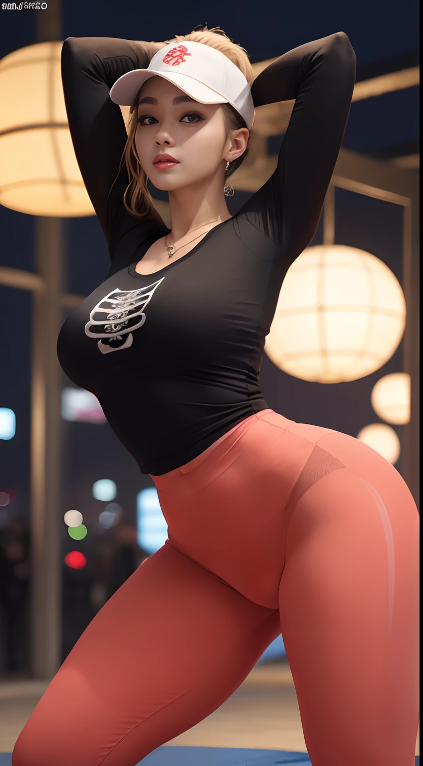 8k, masterpiece, RAW photo, best quality, photorealistic, extremely detailed CG unity 8k wallpaper, Depth of field, Cinematic Light, Lens Flare, Ray tracing, (extremely beautiful face, beautiful lips, beautiful eyes), intricate detail face, ((ultra detailed skin)) 1girl, full body, big breasts, in the dark, deep shadow, pretty korean girl, kpop idol,(very slim slender fit-muscled body), ((looking at viewer)),(big smile), (fashion city night, (neon sign), (blurry background), midnight, (vacant city), (without people in the background), pretty korean girl, white diamond earrings, dia bracelets, dia necklace, clear eyes, walking , (pale skin), face forward, (big eyes), ((full body shot)), (baseball cap), ((red color leggings)), (camel toe, shape), ((T-shirt)), (ponytail) (looking at viewer), one legs up, ((Stretching pose)), perfect legs, perfect hands