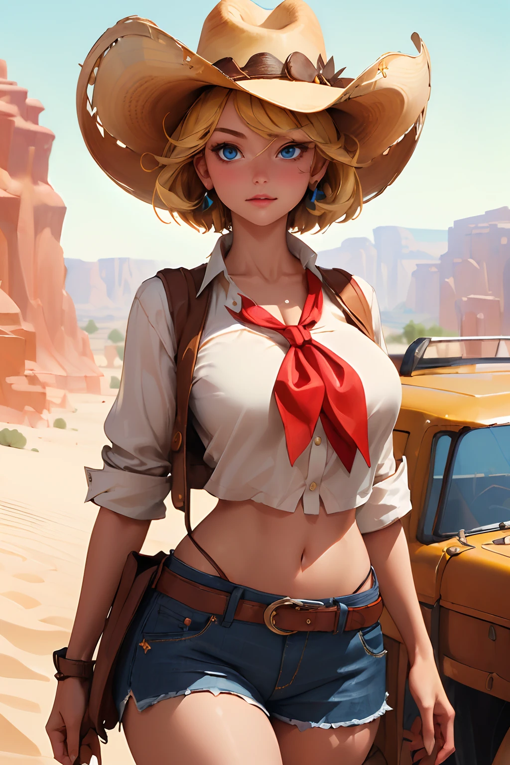 (((((solo))))),(((((masterpiece))))), (((((best quality))))),(((((highly detailed))))), finely detailed, Depth of field, crisp detail, detailed clothes, highres,
1girl, bangs, (beautiful detailed face:1.3), collarbone, collared shirt, ((white shirt)), several button open to show cleavage, show belly, blue eyes, blonde hair, cleavage, ((cowboy)), (cowboy hat:1.3), short gloves. fingerless gloves, hat, medium breasts, navel, neckerchief, red neckerchief, short hair, short shorts, shorts, healthy thighs, gun belt ,cowboy western, sunny desert background, thigh gap