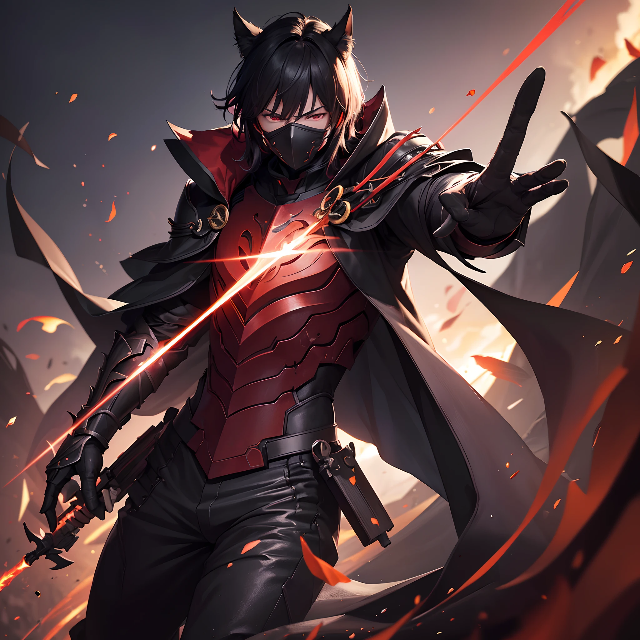 (ultra-detailed CG unit 8k wallpaper, Master parts, Best quality, depth of fields, hdr, 复杂), Tall, The sinister Dark Assassin wears a metal mask，Bright red eyes，Light and dark armor，Behind him he wears a low-key red cloak，Holding a sharp dagger in his arms，Step into the burning village, (复杂: 1.4) (Master parts: 1.4) (illustration: 1.4), Red studio lighting, Post-processing, 8K resolution, deep dark background, imponent, Well-composed photos, Impressive, dark fantacy (director: greg rutkovsky: 1.2), (darken: 1.5)