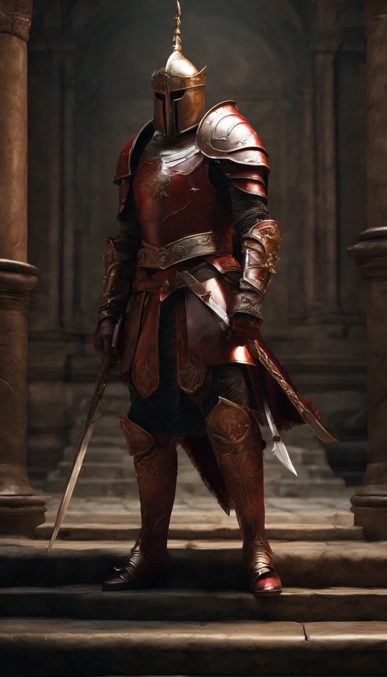 (Best quality,4K,8K,A high resolution,Masterpiece:1.2),Ultra-detailed,(Realistic,Photorealistic,photo-realistic:1.37),A sword-wielding demon armor warrior stood in the hall, Full body portrait of the mysterious knight, Wearing heavy armor,A sacred warrior wielding a legendary sword, Mythical warriors in full-body armor, A golden knight with divine armor, The helmet is decorated with the devil's horns, The eyes glow blood-red, Concept art for glorious figures, Crimson Armor Knight, Epic Paladin armor, Holy medieval knight, Kneel on one knee, Blades embedded in the earth, submission, Full body shot.