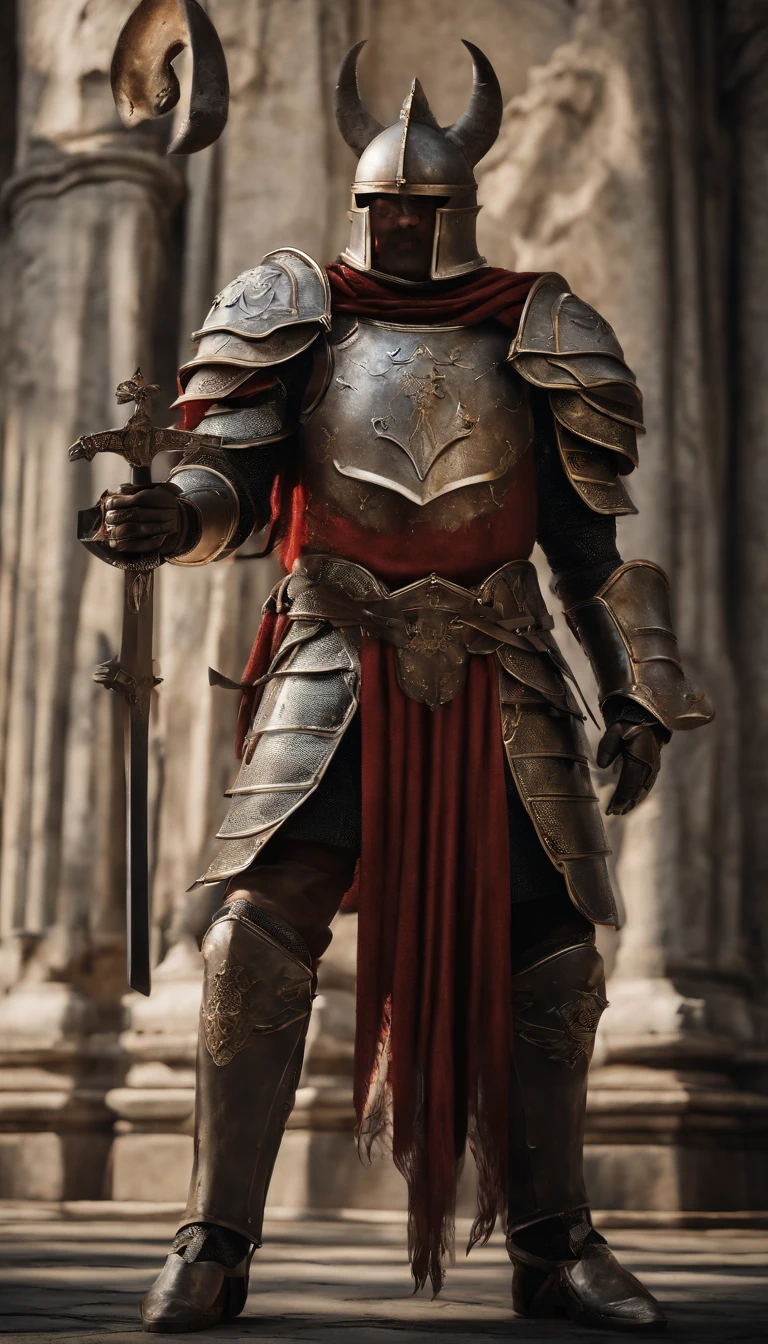 (Best quality,4K,8K,A high resolution,Masterpiece:1.2),Ultra-detailed,(Realistic,Photorealistic,photo-realistic:1.37),A sword-wielding demon armor warrior stood in the hall, Full body portrait of the mysterious knight, Wearing heavy armor，A sacred warrior wielding a legendary sword, Mythical warriors in full-body armor, A golden knight with divine armor, The helmet is decorated with the devil's horns, The eyes glow blood-red, Concept art for glorious figures, Crimson Armor Knight, Epic Paladin armor, Holy medieval knight, Kneel on one knee, Blades embedded in the earth, submission, Full body shot.