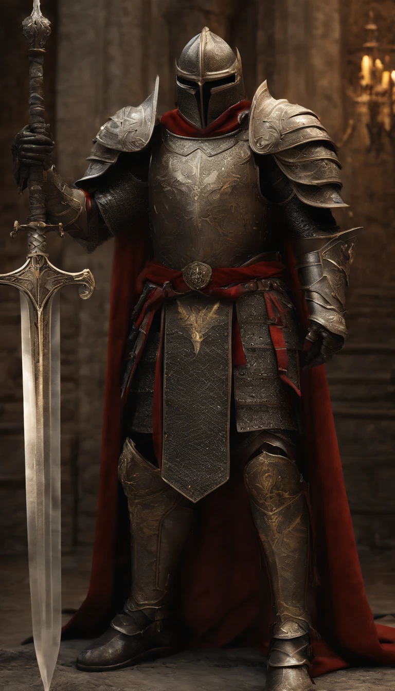 (Best quality,4K,8K,A high resolution,Masterpiece:1.2),Ultra-detailed,(Realistic,Photorealistic,photo-realistic:1.37),A sword-wielding demon armor warrior stood in the hall, Full body portrait of the mysterious knight, Wearing heavy armor,A sacred warrior wielding a legendary sword, Mythical warriors in full-body armor, A golden knight with divine armor, The helmet is decorated with the devil's horns, The eyes glow blood-red, Concept art for glorious figures, Crimson Armor Knight, Epic Paladin armor, Holy medieval knight, Kneel on one knee, Blades embedded in the earth, submission, Full body shot.