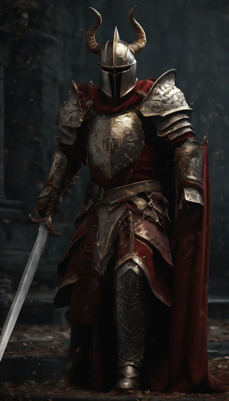 (Best quality,4K,8K,A high resolution,Masterpiece:1.2),Ultra-detailed,(Realistic,Photorealistic,photo-realistic:1.37),A sword-wielding demon armor warrior stood in the hall, Full body portrait of the mysterious knight, Wearing heavy armor,A sacred warrior wielding a legendary sword, Mythical warriors in full-body armor, A golden knight with divine armor, The helmet is decorated with the devil's horns, The eyes glow blood-red, Concept art for glorious figures, Crimson Armor Knight, Epic Paladin armor, Holy medieval knight, Kneel on one knee, Blades embedded in the earth, submission, Full body shot.
