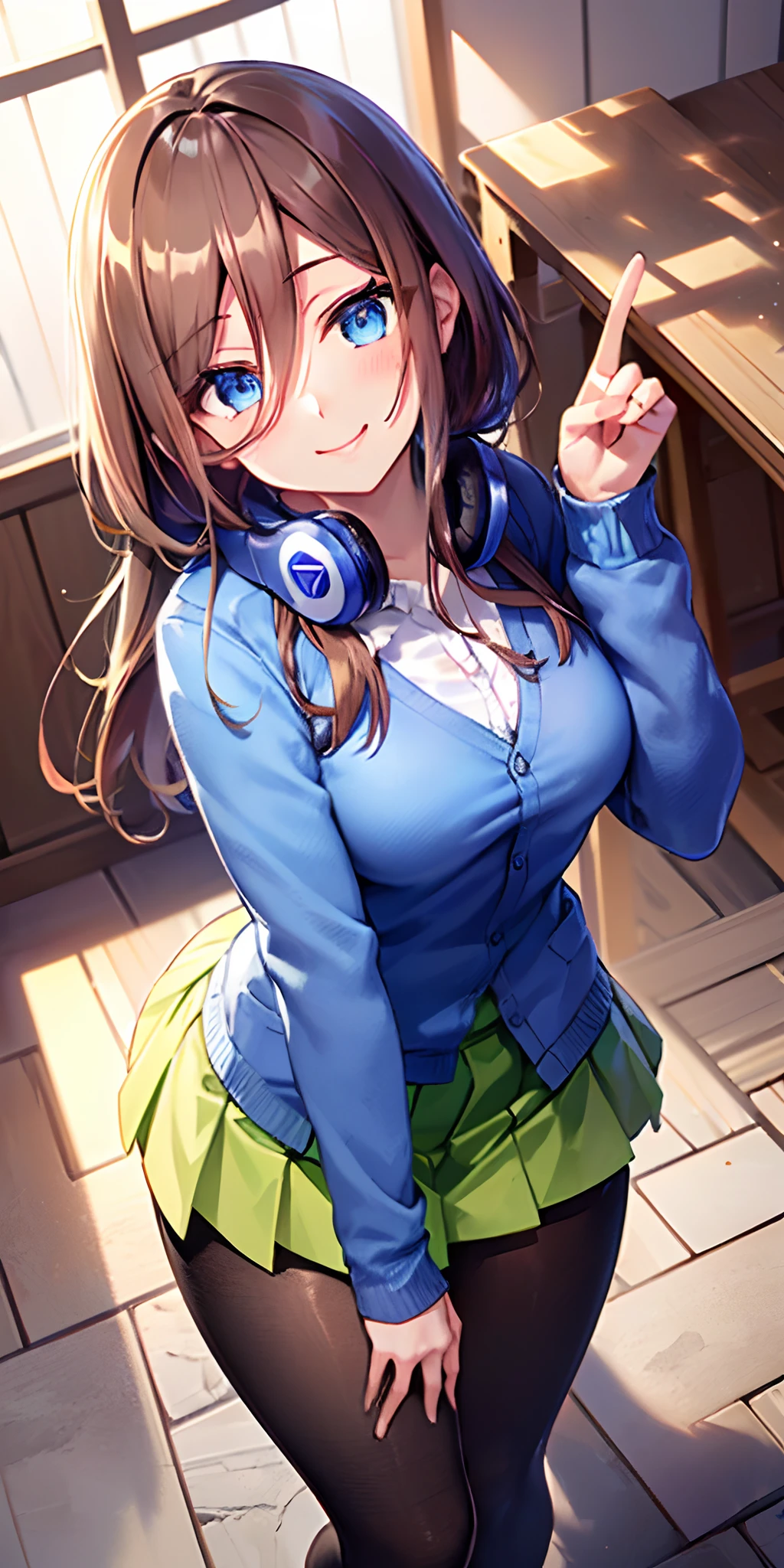 masutepiece, Best Quality, (Very detailed CG Unity 8K wallpaper) (Best Quality), (Best Illustration), (Best Shadows), Miku Nakano, Brown hair, Blue eyes, classroom, Beautiful detailed eyes, looking at viewer,((Blue Cardigan)),((Short green pleated skirt)),((Black pantyhose)),smile,head tilt,finger to mouth,from above,