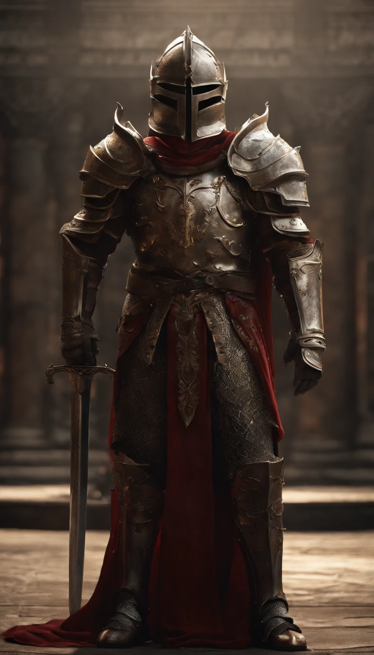 (Best quality,4K,8K,A high resolution,Masterpiece:1.2),Ultra-detailed,(Realistic,Photorealistic,photo-realistic:1.37),A sword-wielding demon armor warrior stood in the hall, Full body portrait of the mysterious knight, Wearing heavy armor，A sacred warrior wielding a legendary sword, Mythical warriors in full-body armor, A golden knight with divine armor, The helmet is decorated with the devil's horns, The eyes glow blood-red, Concept art for glorious figures, Crimson Armor Knight, Epic Paladin armor, Holy medieval knight, Kneel on one knee, Blades embedded in the earth, submission, Full body shot.