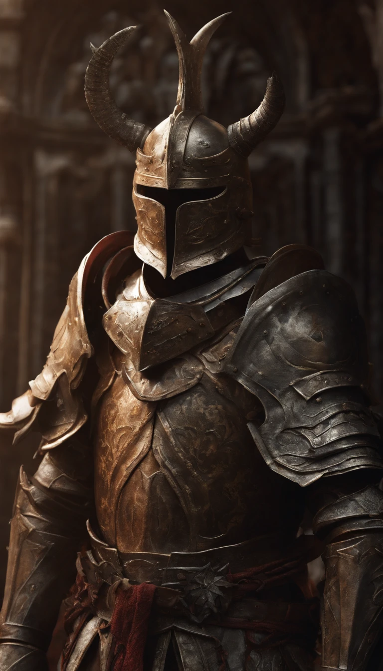 (Best quality,4K,8K,A high resolution,Masterpiece:1.2),Ultra-detailed,(Realistic,Photorealistic,photo-realistic:1.37),A sword-wielding demon armor warrior stood in the hall, Full body portrait of the mysterious knight, Wearing heavy armor，A sacred warrior wielding a legendary sword, Mythical warriors in full-body armor, A golden knight with divine armor, The helmet is decorated with the devil's horns, The eyes glow blood-red, Concept art for glorious figures, Crimson Armor Knight, Epic Paladin armor, Holy medieval knight, Kneel on one knee, Blades embedded in the earth, submission, Full body shot.