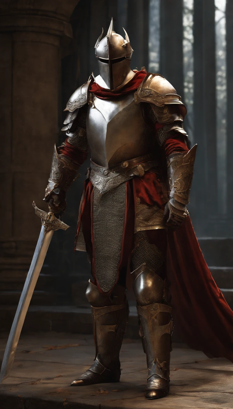 (Best quality,4K,8K,A high resolution,Masterpiece:1.2),Ultra-detailed,(Realistic,Photorealistic,photo-realistic:1.37),A sword-wielding demon armor warrior stood in the hall, Full body portrait of the mysterious knight, Wearing heavy armor,A sacred warrior wielding a legendary sword, Mythical warriors in full-body armor, A golden knight with divine armor, The helmet is decorated with the devil's horns, The eyes glow blood-red, Concept art for glorious figures, Crimson Armor Knight, Epic Paladin armor, Holy medieval knight, Kneel on one knee, Blades embedded in the earth, submission, Full body shot.