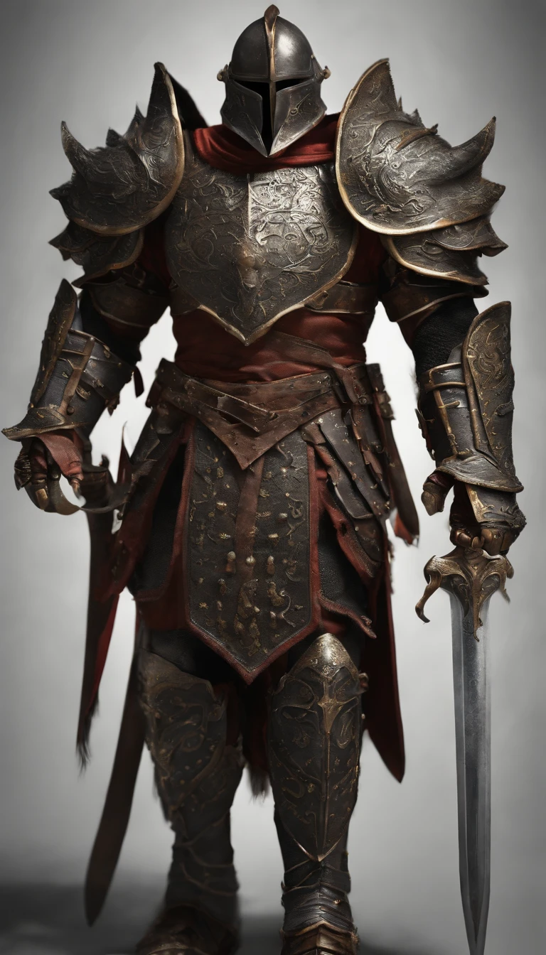 (Best quality,4K,8K,A high resolution,Masterpiece:1.2),Ultra-detailed,(Realistic,Photorealistic,photo-realistic:1.37),A sword-wielding demon armor warrior stood in the hall, Full body portrait of the mysterious knight, Wearing heavy armor,A sacred warrior wielding a legendary sword, Mythical warriors in full-body armor, A golden knight with divine armor, The helmet is decorated with the devil's horns, The eyes glow blood-red, Concept art for glorious figures, Crimson Armor Knight, Epic Paladin armor, Holy medieval knight, Kneel on one knee, Blades embedded in the earth, submission, Full body shot.