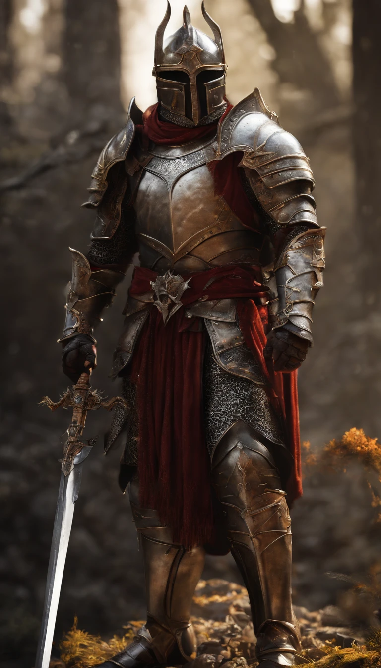 (Best quality,4K,8K,A high resolution,Masterpiece:1.2),Ultra-detailed,(Realistic,Photorealistic,photo-realistic:1.37),A sword-wielding demon armor warrior stood in the hall, Full body portrait of the mysterious knight, Wearing heavy armor,A sacred warrior wielding a legendary sword, Mythical warriors in full-body armor, A golden knight with divine armor, The helmet is decorated with the devil's horns, The eyes glow blood-red, Concept art for glorious figures, Crimson Armor Knight, Epic Paladin armor, Holy medieval knight, Kneel on one knee, Blades embedded in the earth, submission, Full body shot.