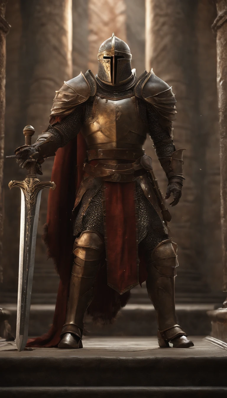 A man in armor standing in a room with a sword - SeaArt AI