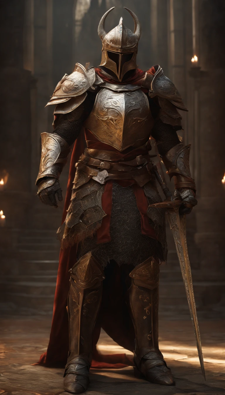 (Best quality,4K,8K,A high resolution,Masterpiece:1.2),Ultra-detailed,(Realistic,Photorealistic,photo-realistic:1.37),A sword-wielding demon armor warrior stood in the hall, Full body portrait of the mysterious knight, Wearing heavy armor,A sacred warrior wielding a legendary sword, Mythical warriors in full-body armor, A golden knight with divine armor, The helmet is decorated with the devil's horns, The eyes glow blood-red, Concept art for glorious figures, Crimson Armor Knight, Epic Paladin armor, Holy medieval knight, Kneel on one knee, Blades embedded in the earth, submission, Full body shot.
