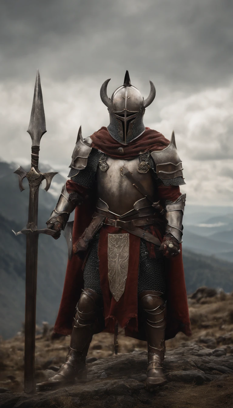 (Best quality,4K,8K,A high resolution,Masterpiece:1.2),Ultra-detailed,(Realistic,Photorealistic,photo-realistic:1.37),A sword-wielding demon armor warrior stood in the hall, Full body portrait of the mysterious knight, Wearing heavy armor,A sacred warrior wielding a legendary sword, Mythical warriors in full-body armor, A golden knight with divine armor, The helmet is decorated with the devil's horns, The eyes glow blood-red, Concept art for glorious figures, Crimson Armor Knight, Epic Paladin armor, Holy medieval knight, Kneel on one knee, Blades embedded in the earth, submission, Full body shot.